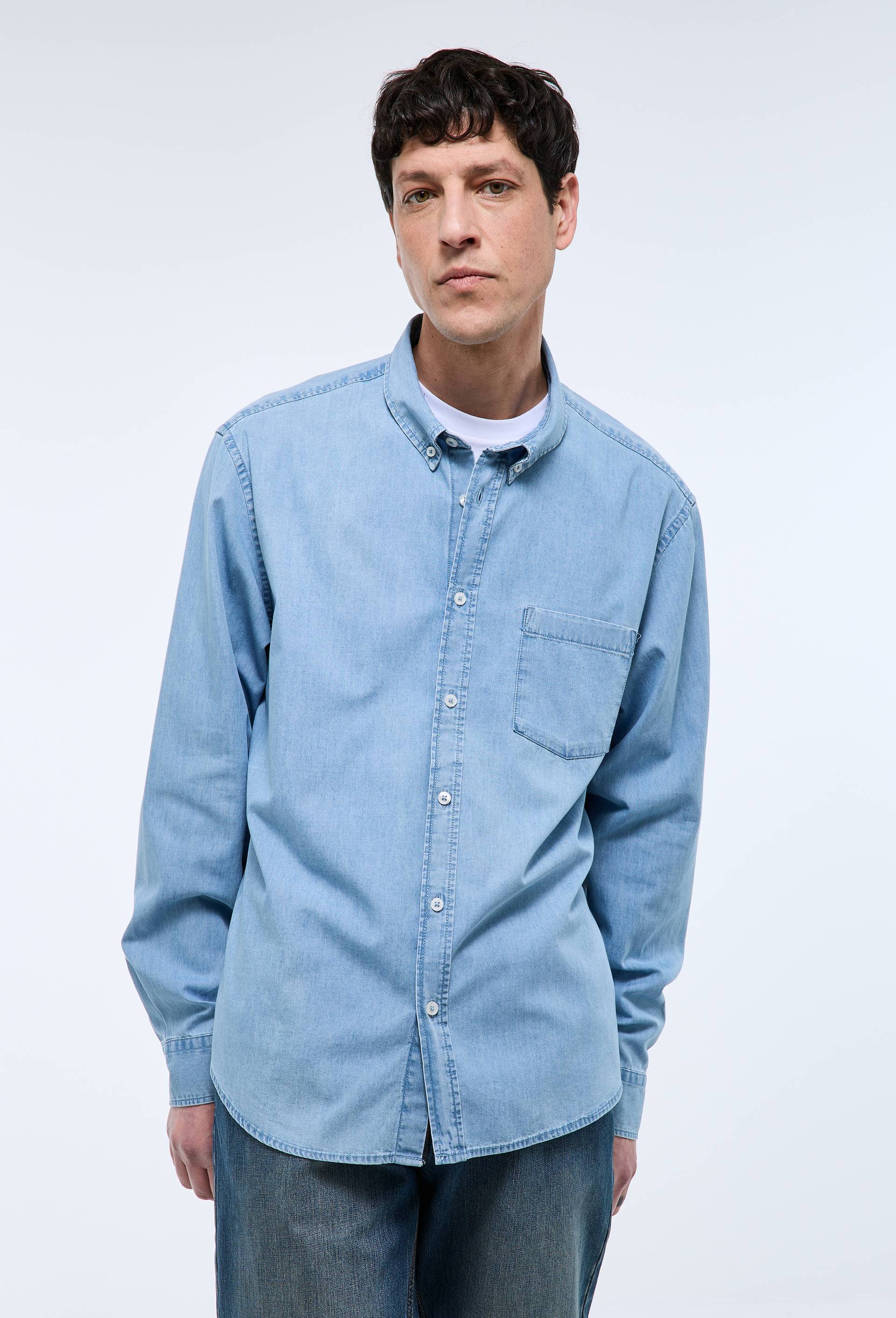 Chemise manches longues chambray jean en coton BIO GOTS, Bleu clair, large image number 0
