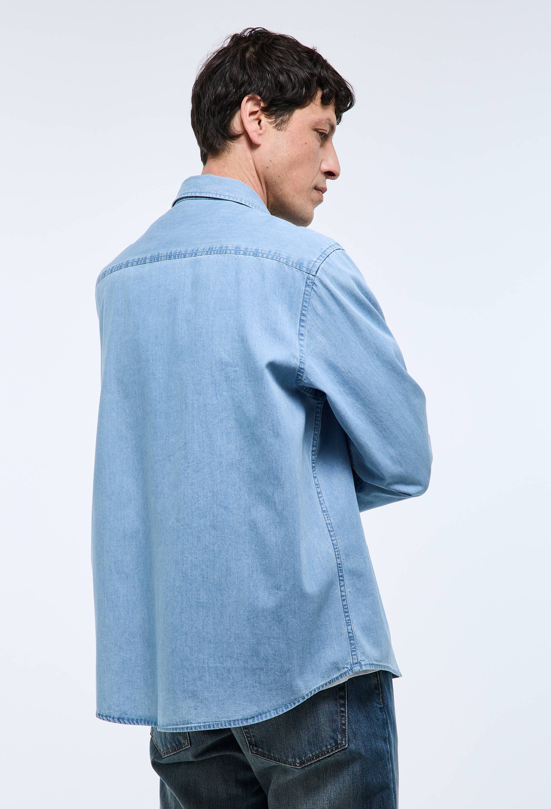 Chemise manches longues chambray jean en coton BIO GOTS, Bleu clair, large image number 1.0
