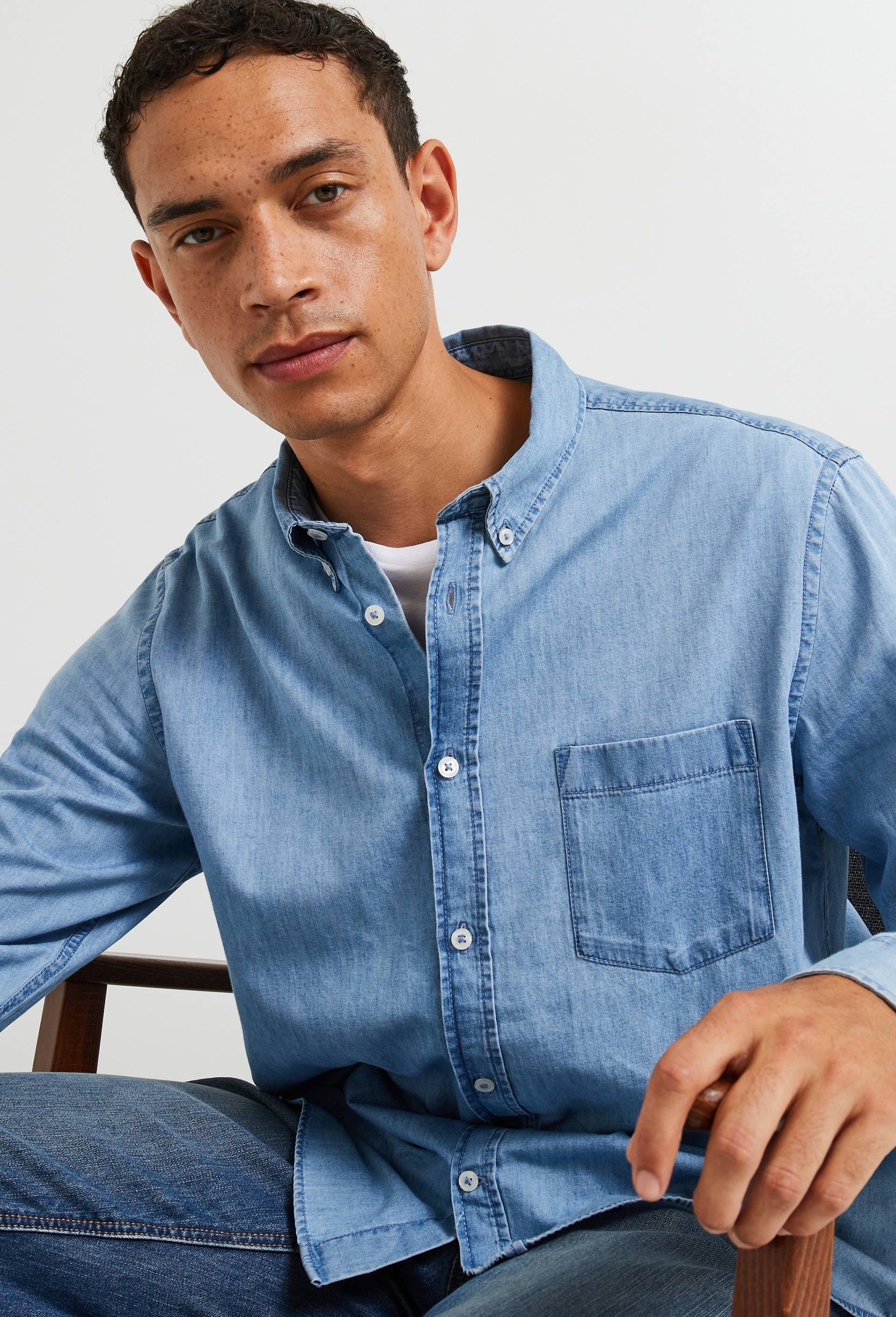 Chemise manches longues chambray jean en coton BIO GOTS, Bleu clair, large image number 3