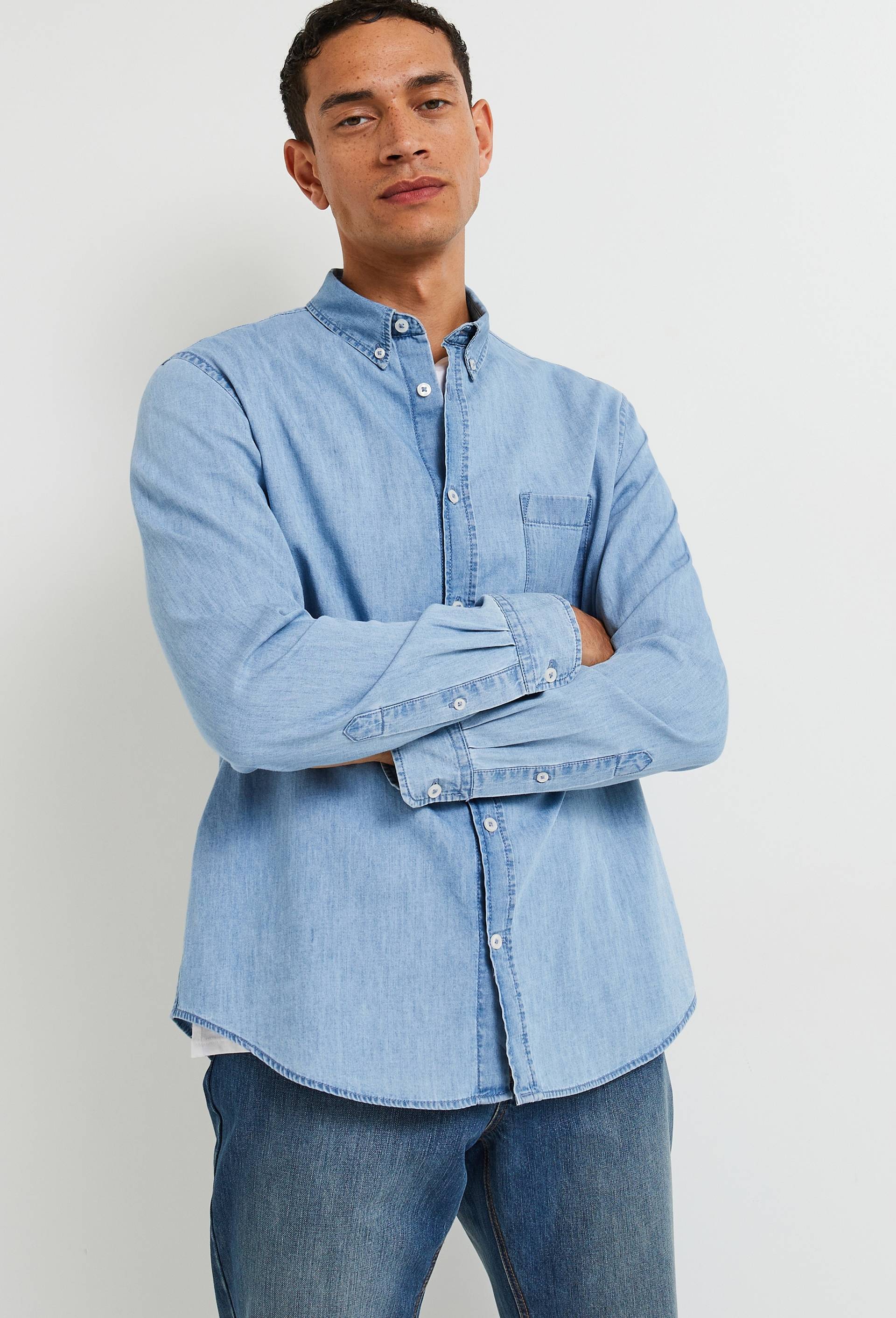 Chemise manches longues chambray jean en coton BIO GOTS, Bleu clair, large image number 4.0