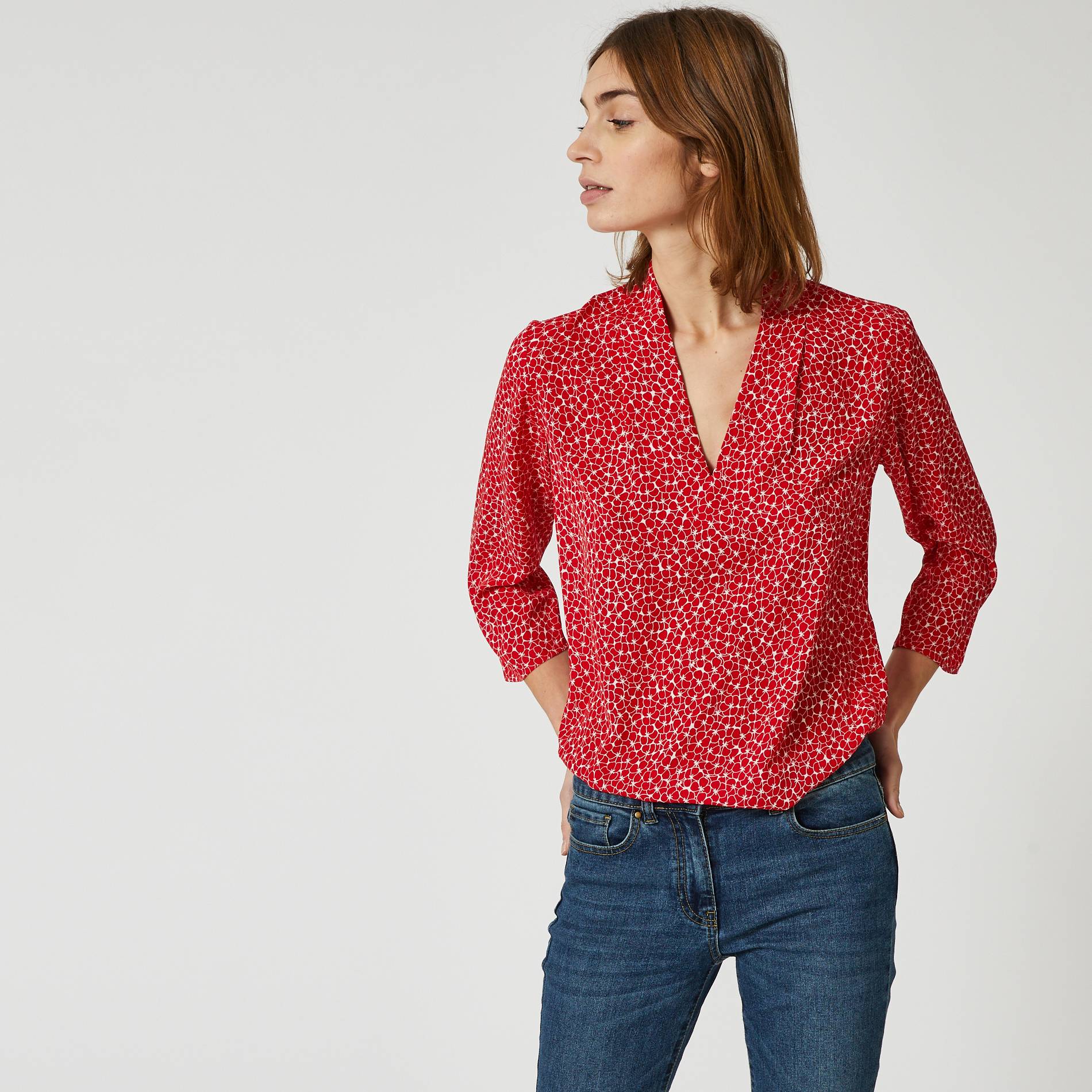 Blouse manches longues col V, Carmin, large image number 0