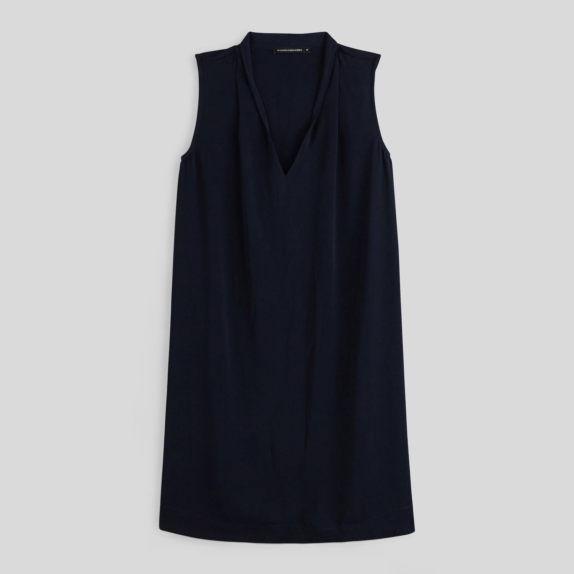 Robe courte unie sans manches col V, Bleu foncé, large image number 0.0