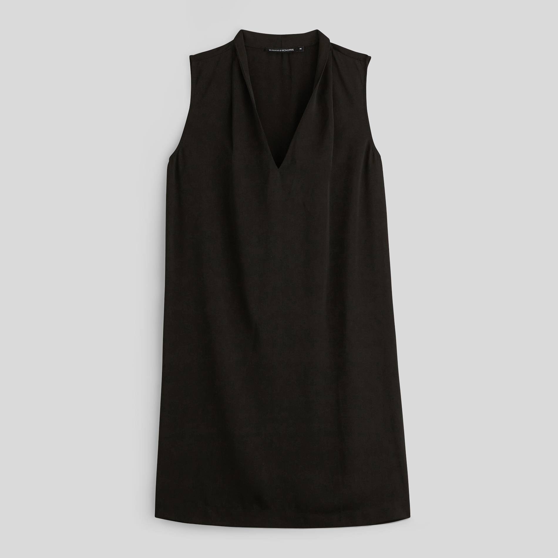 Robe courte unie sans manches col V, Noir, large image number 1