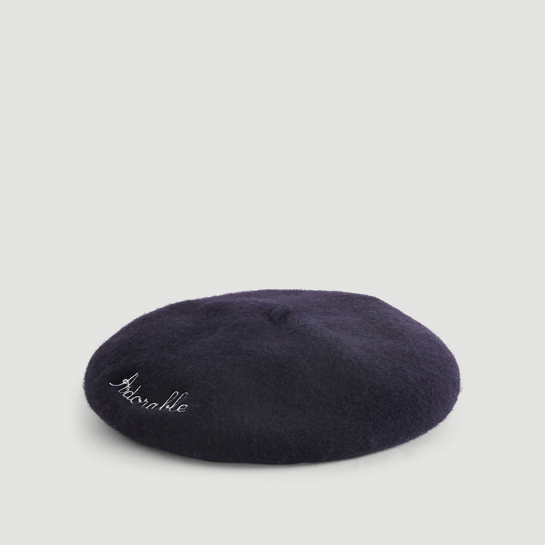 Béret uni brodé en laine, Bleu marine, large image number 0.0