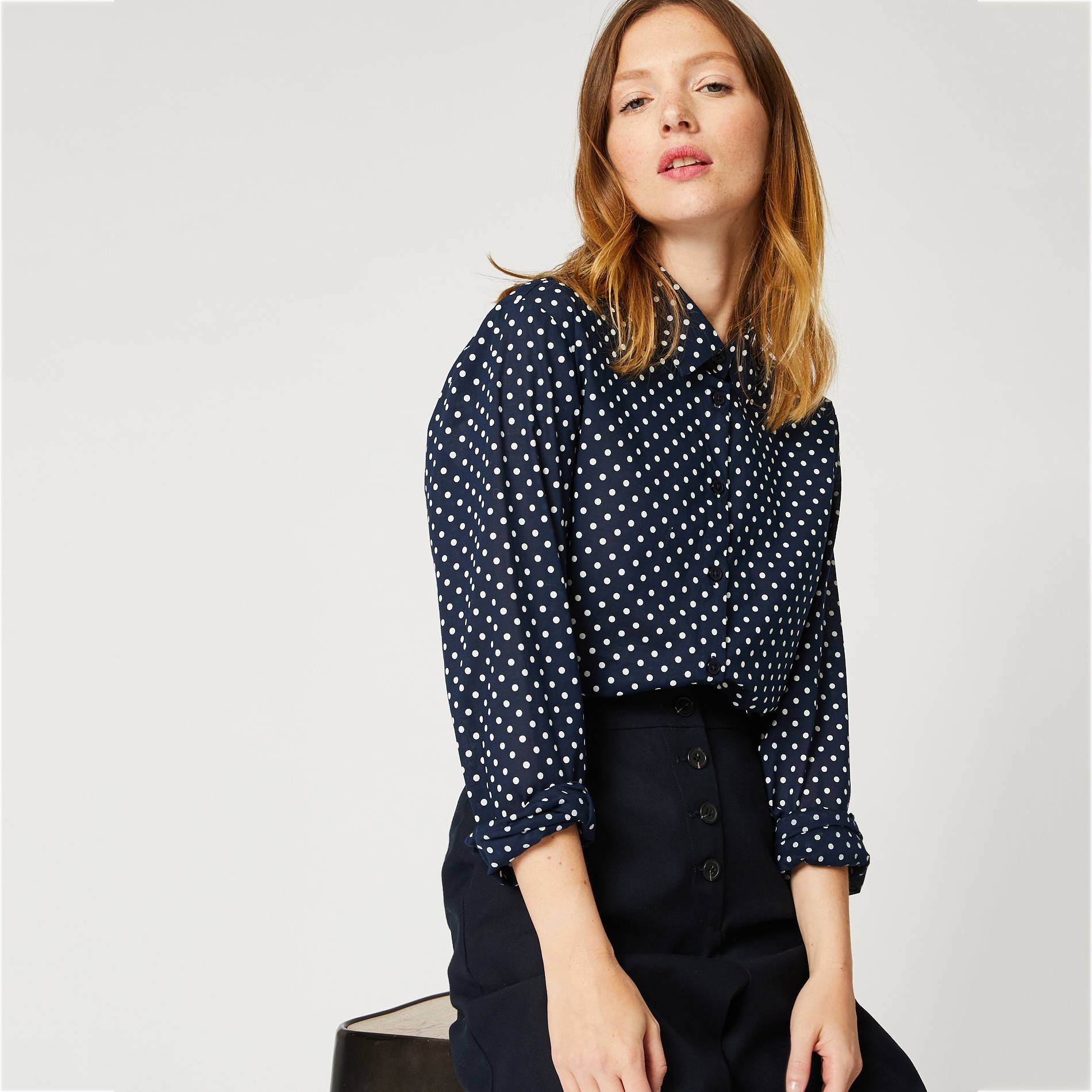 Chemise a pois en coton BIO, Bleu marine, large image number 0.0