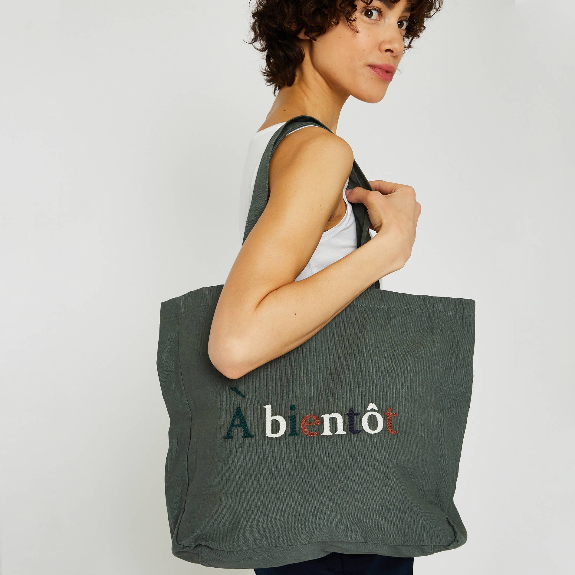 Tote bag brodé en coton BIO, Kaki, large image number 0