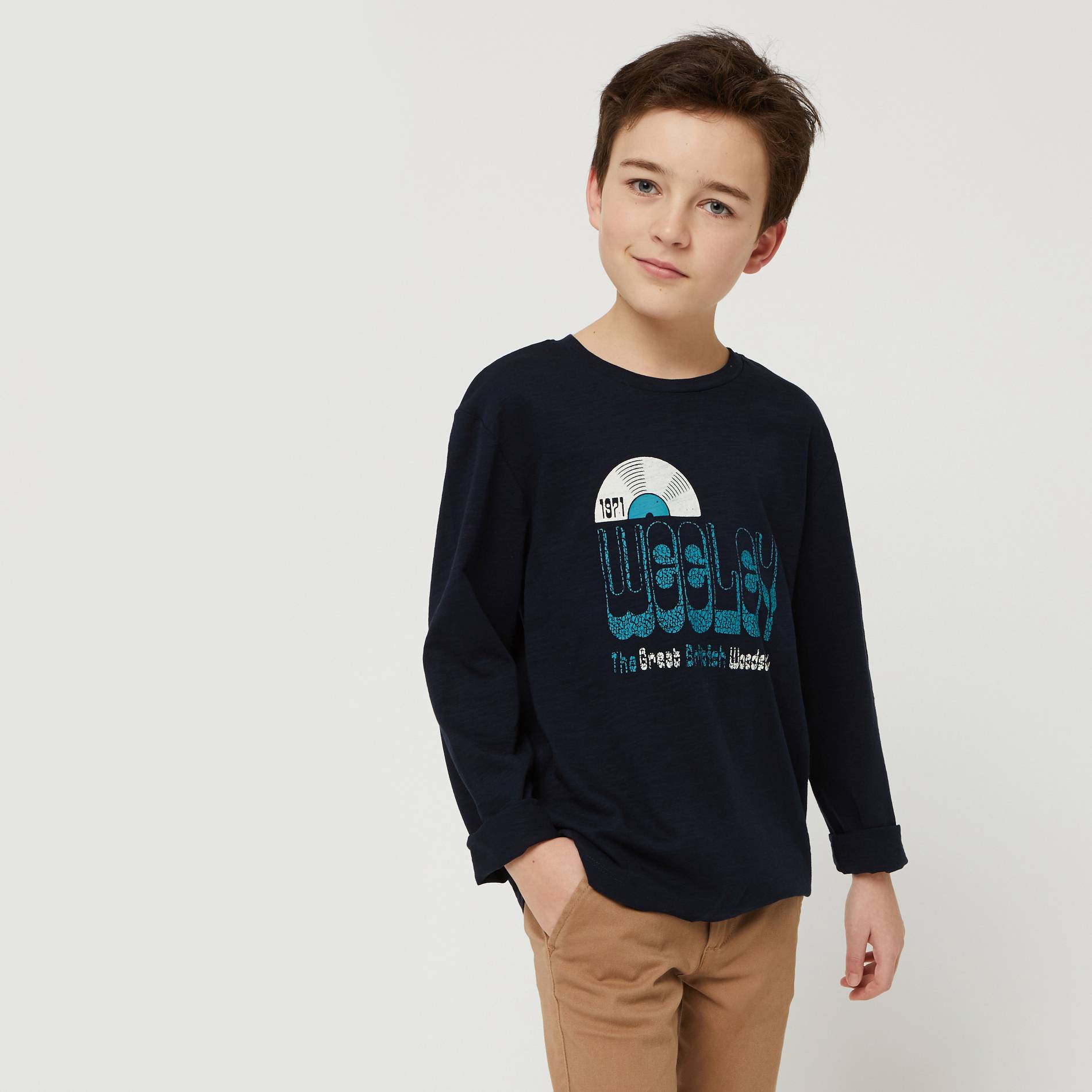 T-shirt manches longues imprimé en coton BIO, Bleu marine, large image number 0.0