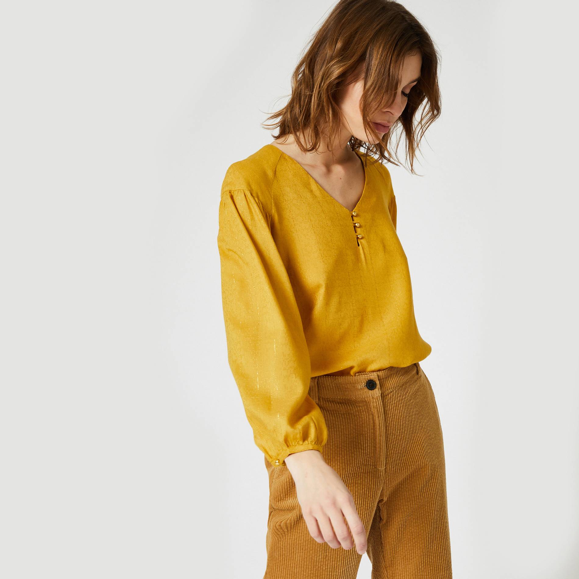 Blouse col V manches longues, Moutarde, large image number 0