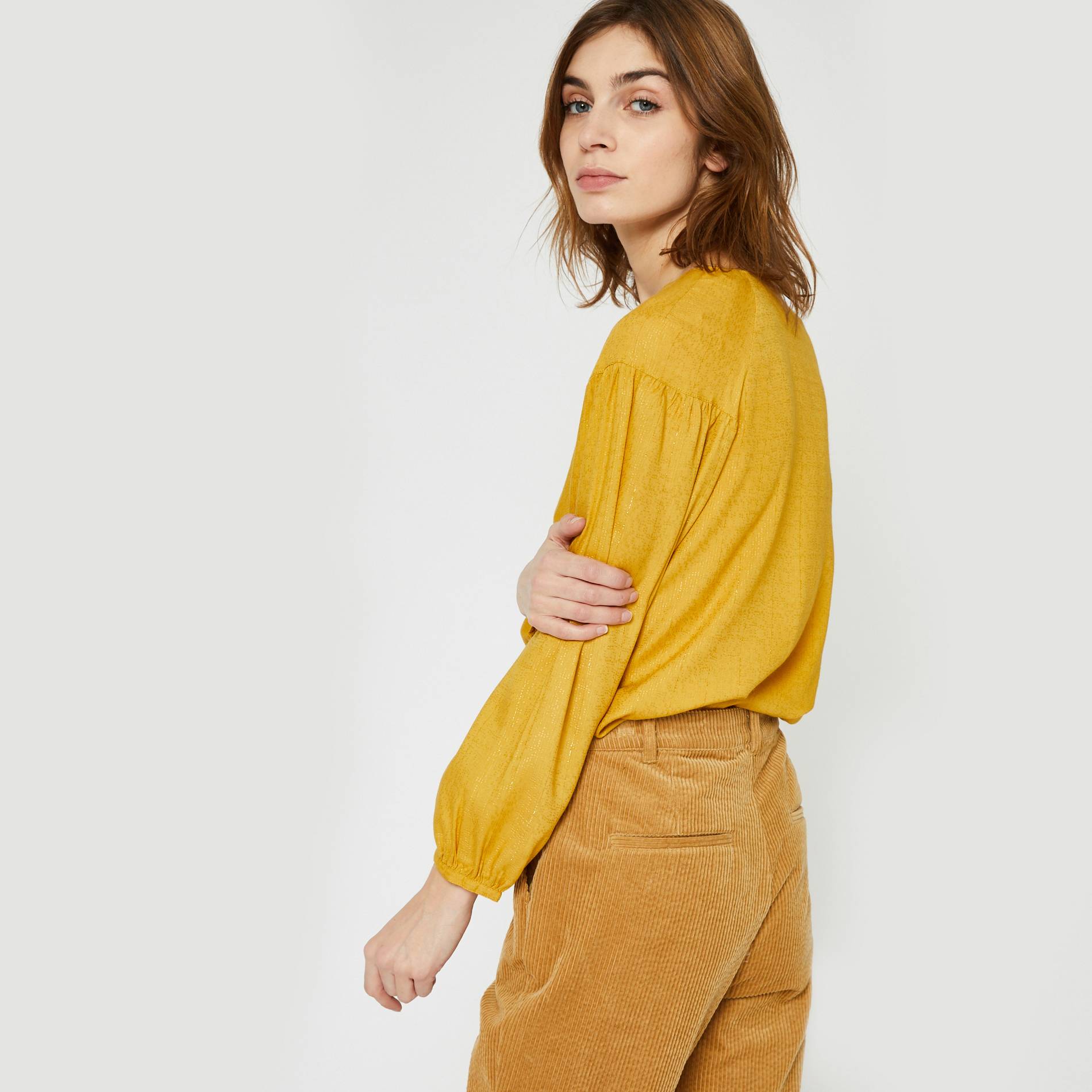 Blouse col V manches longues, Moutarde, large image number 1.0