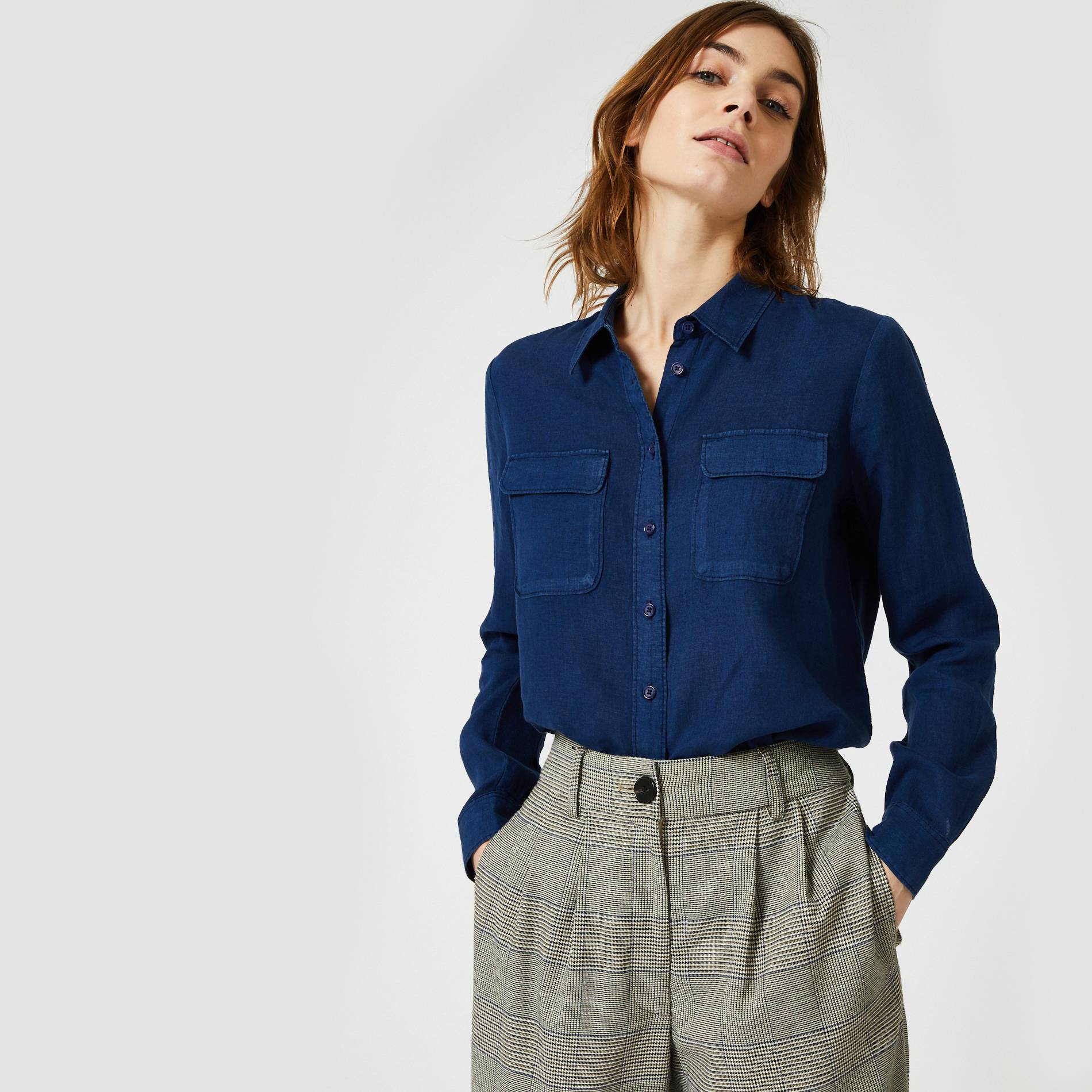 Chemise manches longues en lin unie, Bleu marine, large image number 0.0