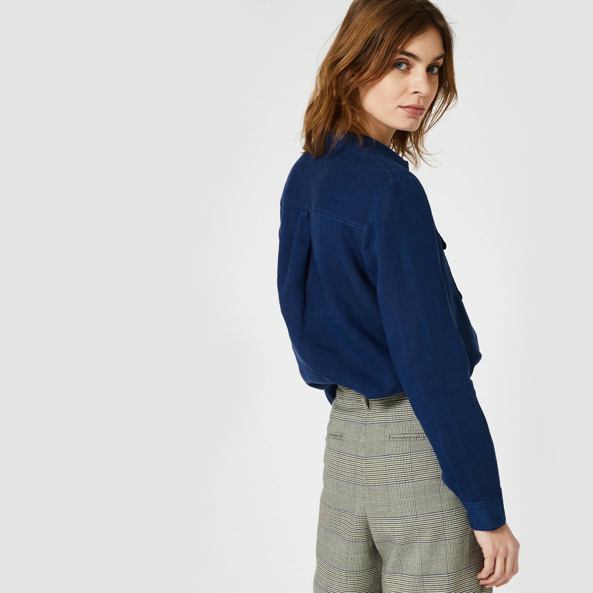 Chemise manches longues en lin unie, Bleu marine, large image number 1.0