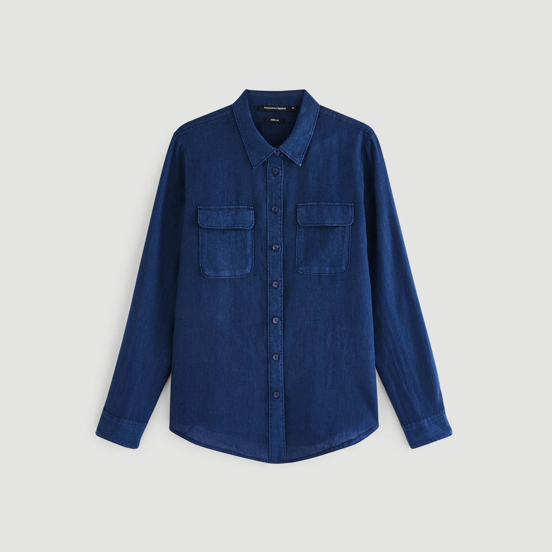 Chemise manches longues en lin unie, Bleu marine, large image number 2.0