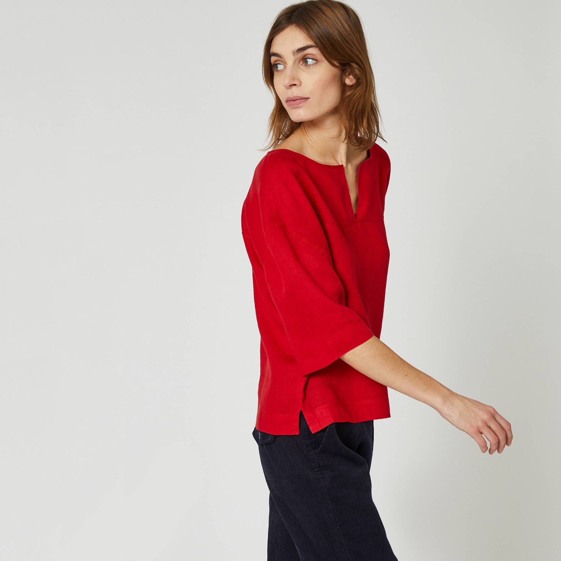 Blouse unie manches 3/4 en lin, Carmin, large image number 0