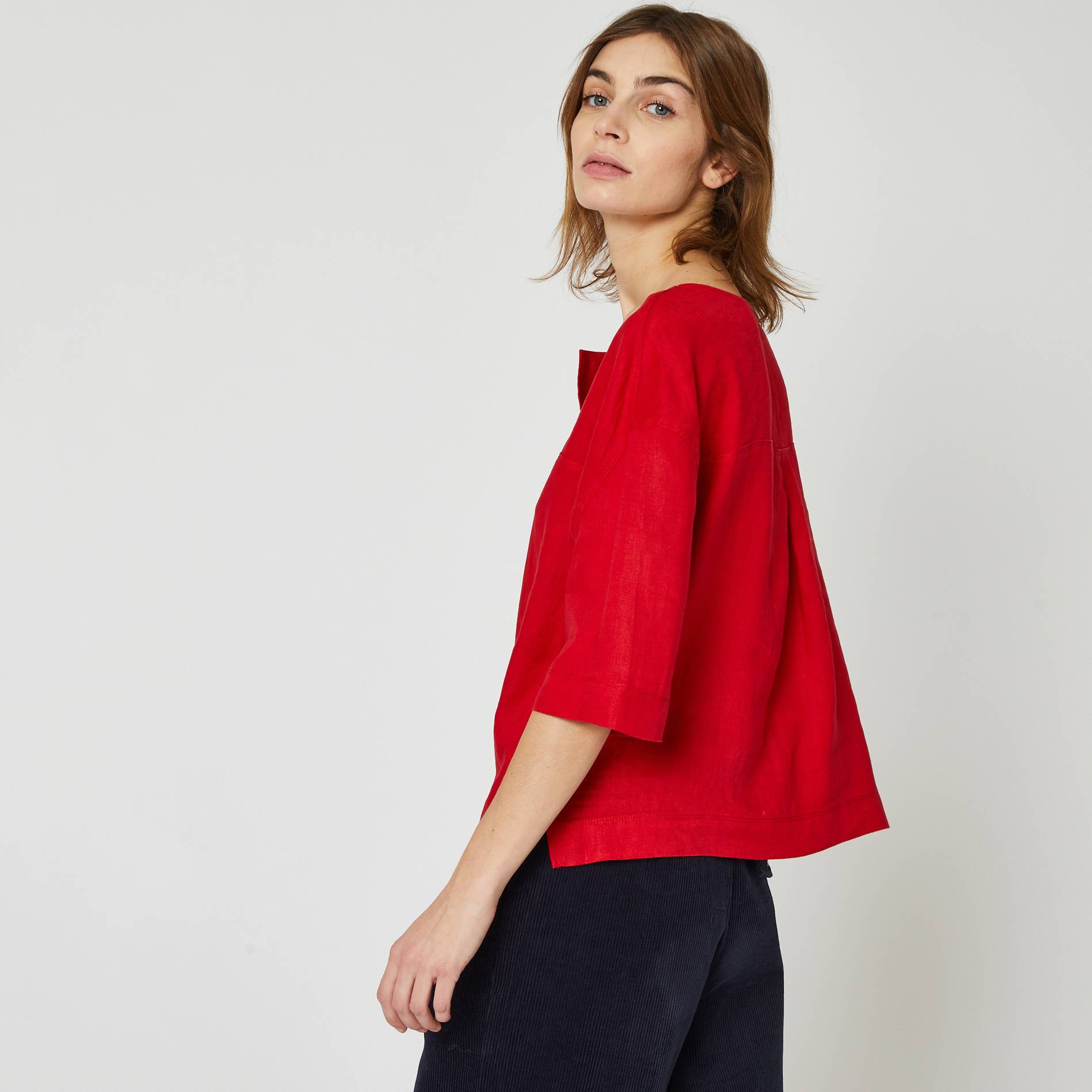 Blouse unie manches 3/4 en lin, Carmin, large image number 1