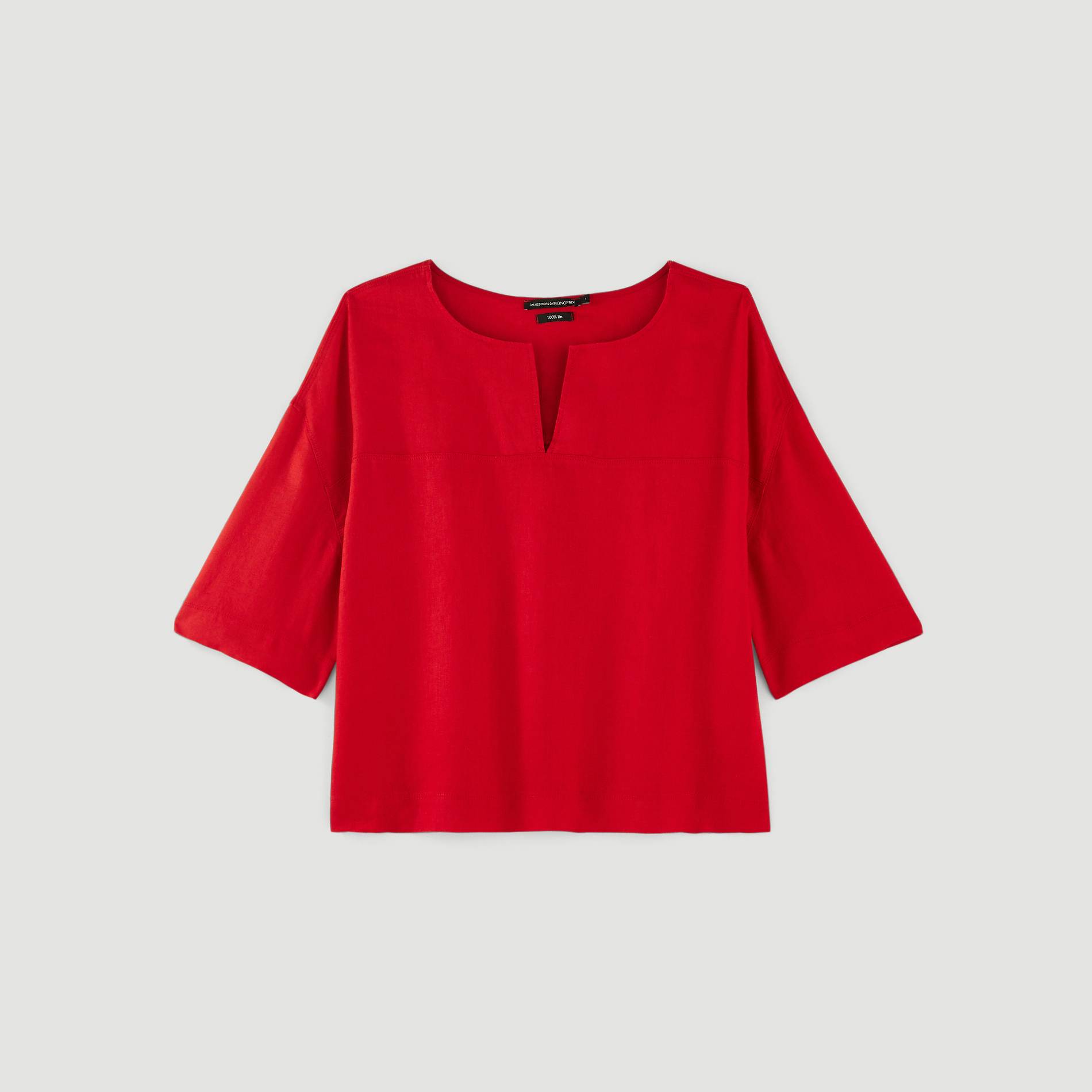 Blouse unie manches 3/4 en lin, Carmin, large image number 2