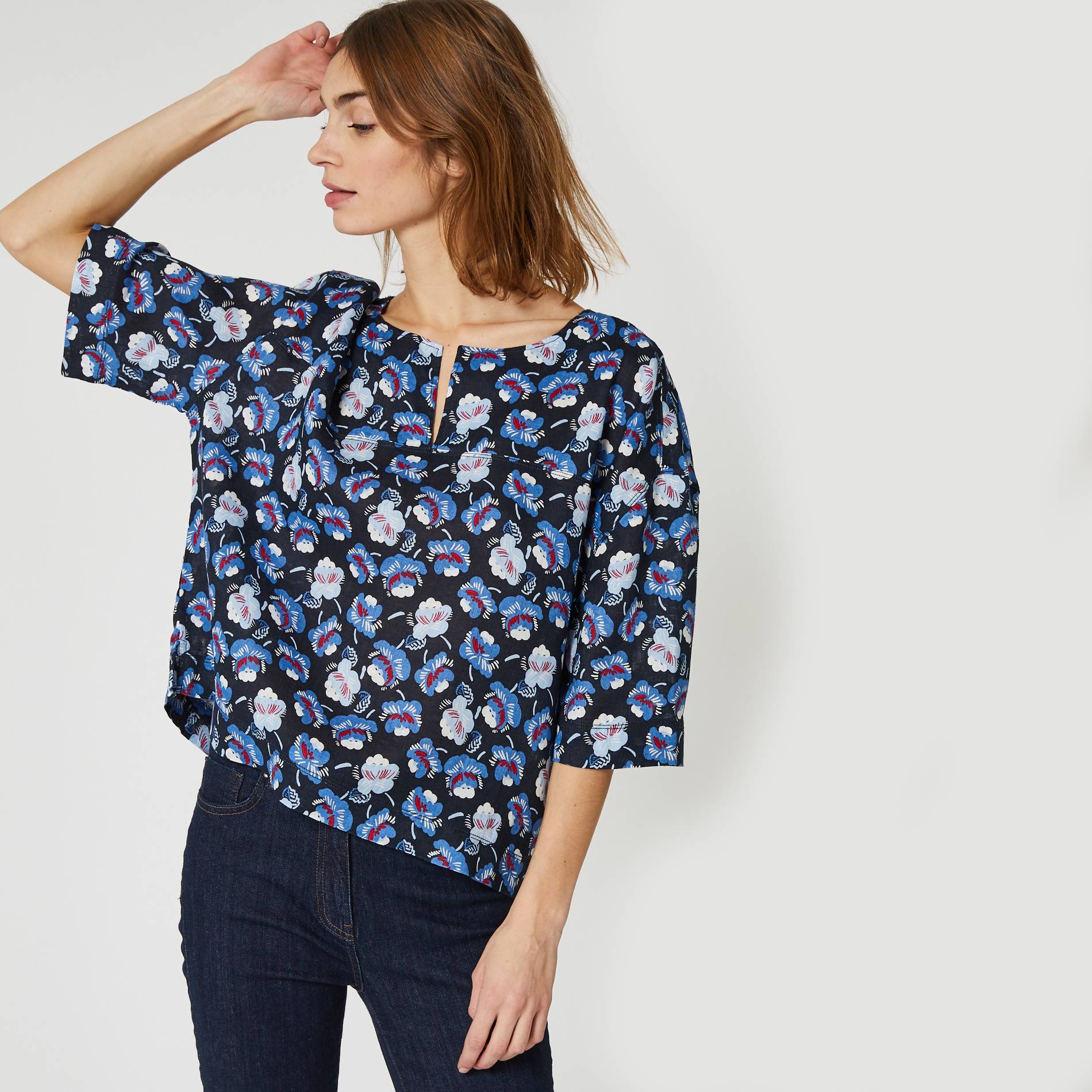 Blouse manches3/4 en lin imprimé floral, Bleu marine, large image number 0
