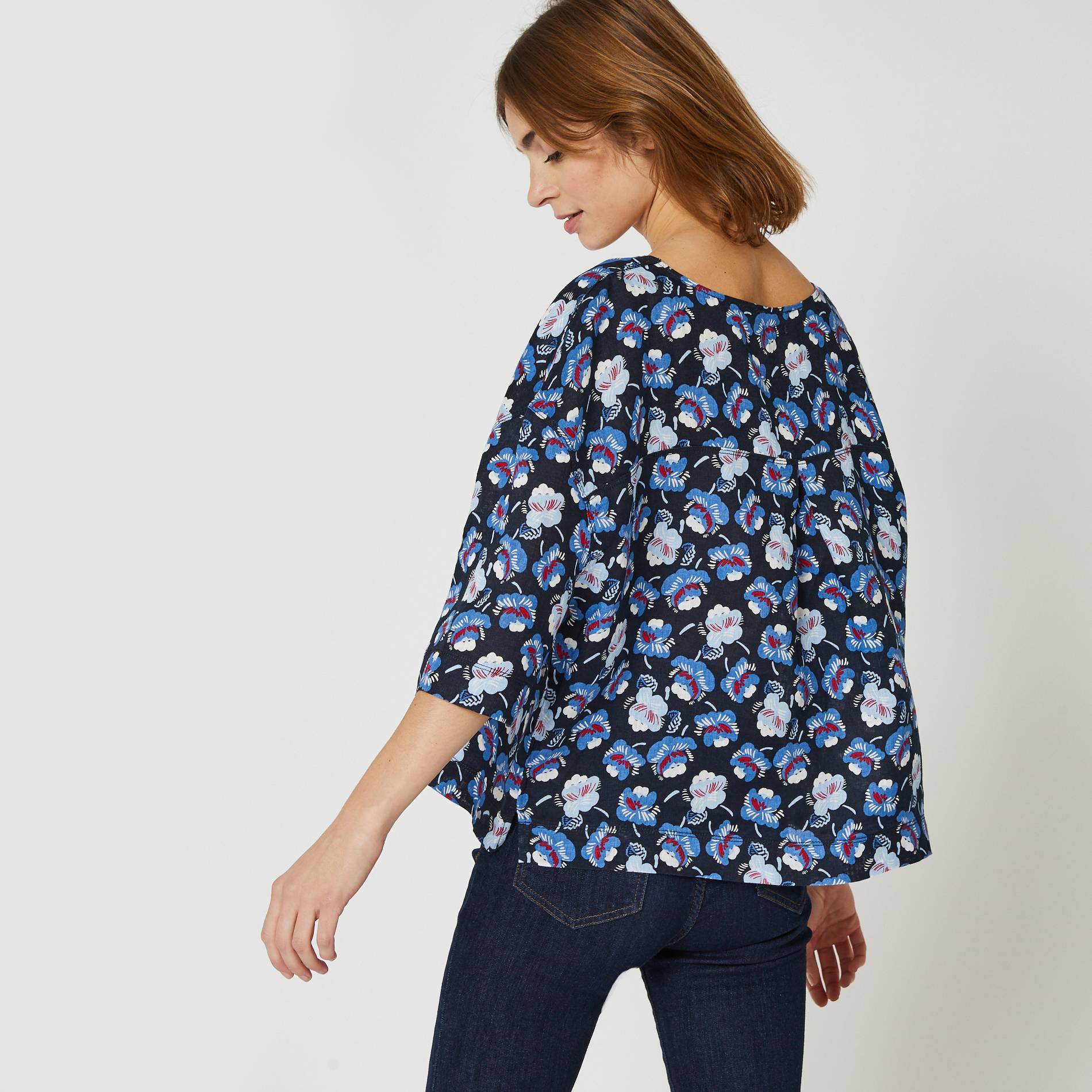 Blouse manches3/4 en lin imprimé floral, Bleu marine, large image number 1