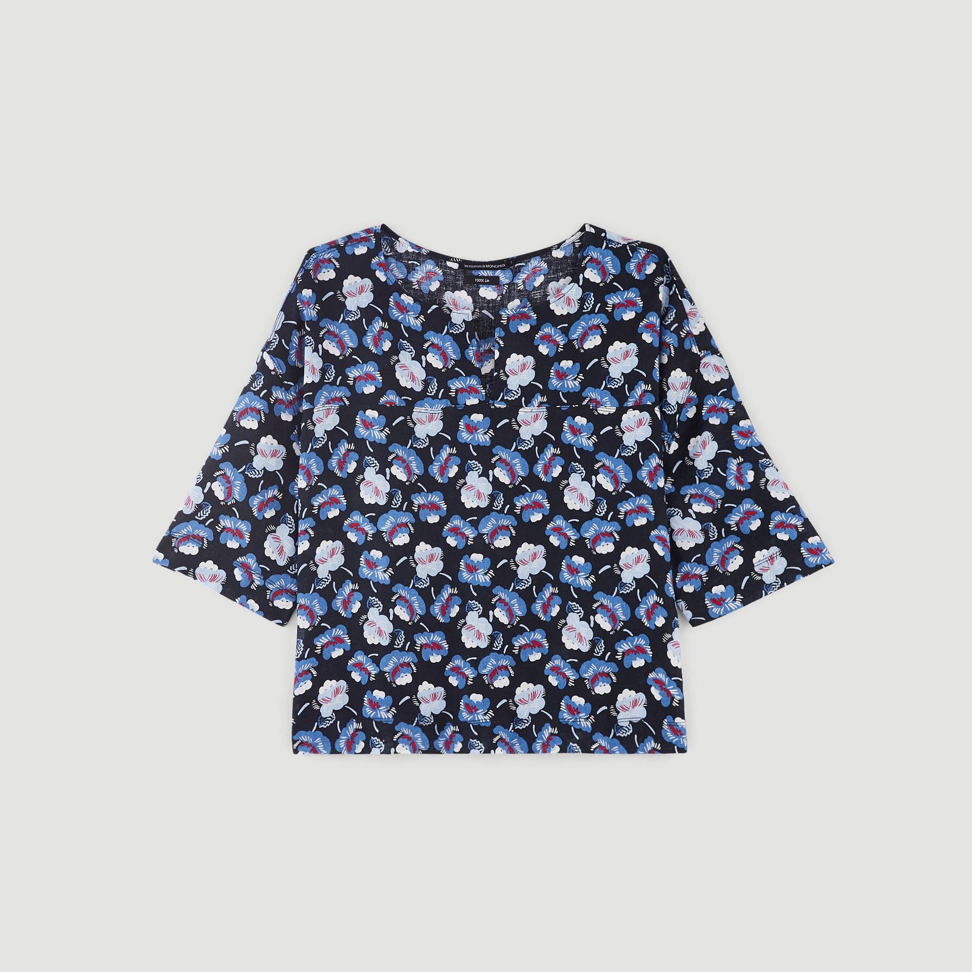 Blouse manches3/4 en lin imprimé floral, Bleu marine, large image number 2.0