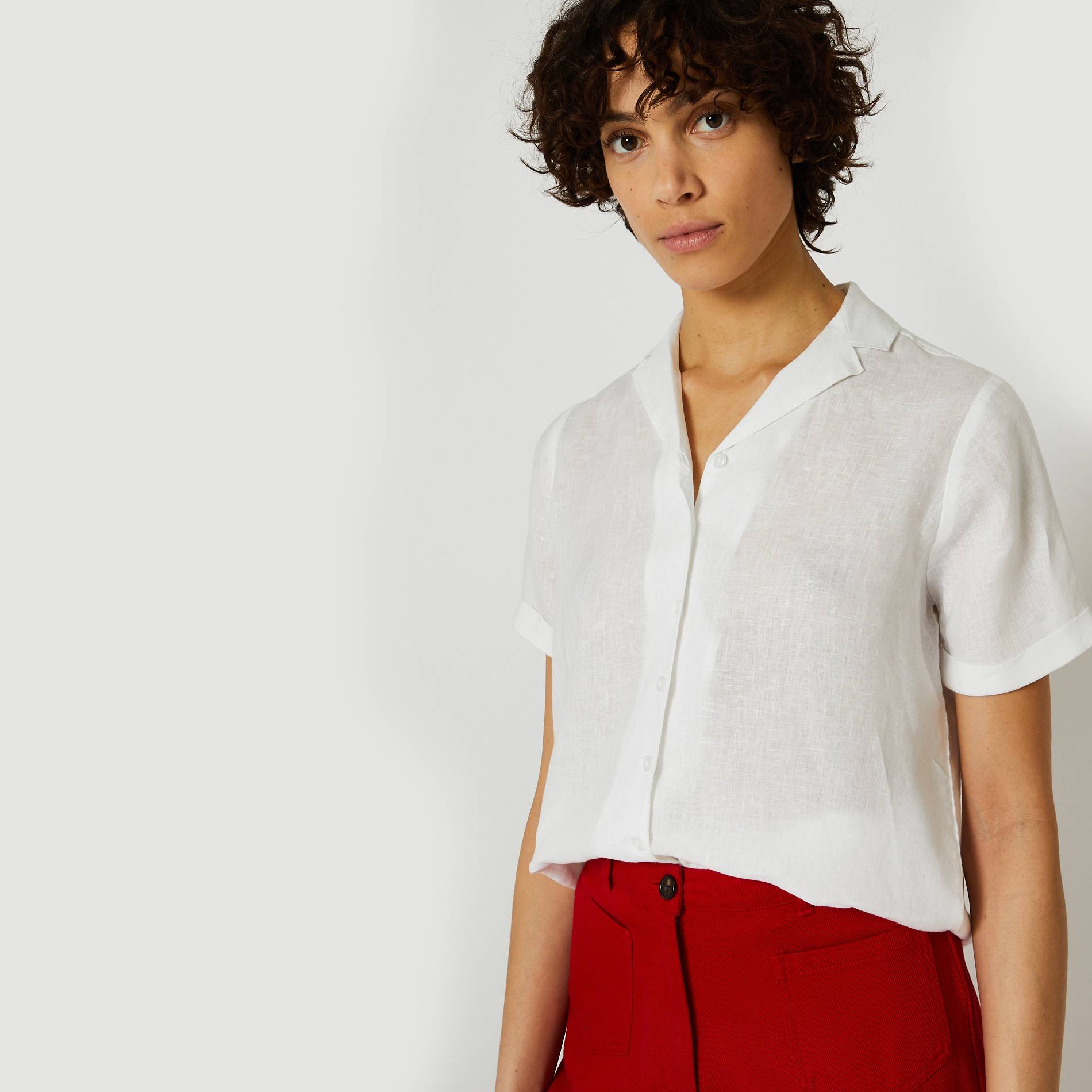 Chemise manches courtes en lin, Blanc, large image number 0.0