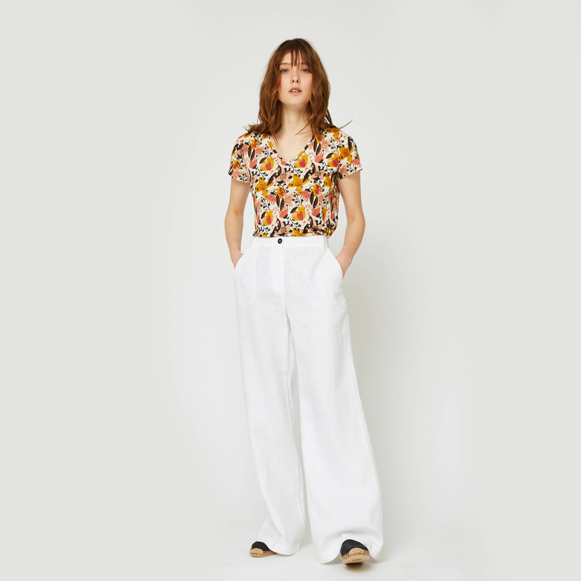 Pantalon large en lin, Blanc, large image number 0