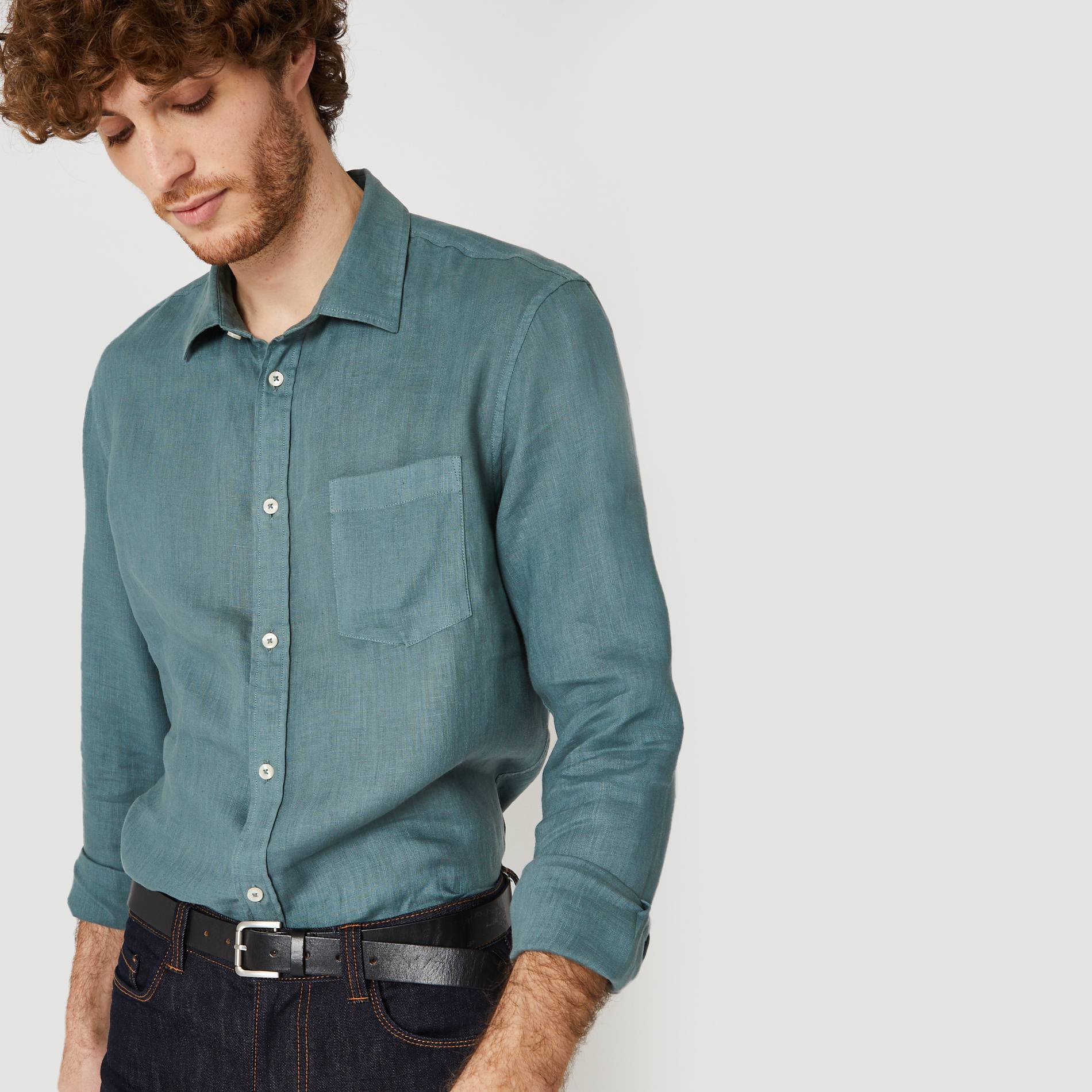 Chemise manches longues en lin coupe regular, Vert foncé, large image number 0.0