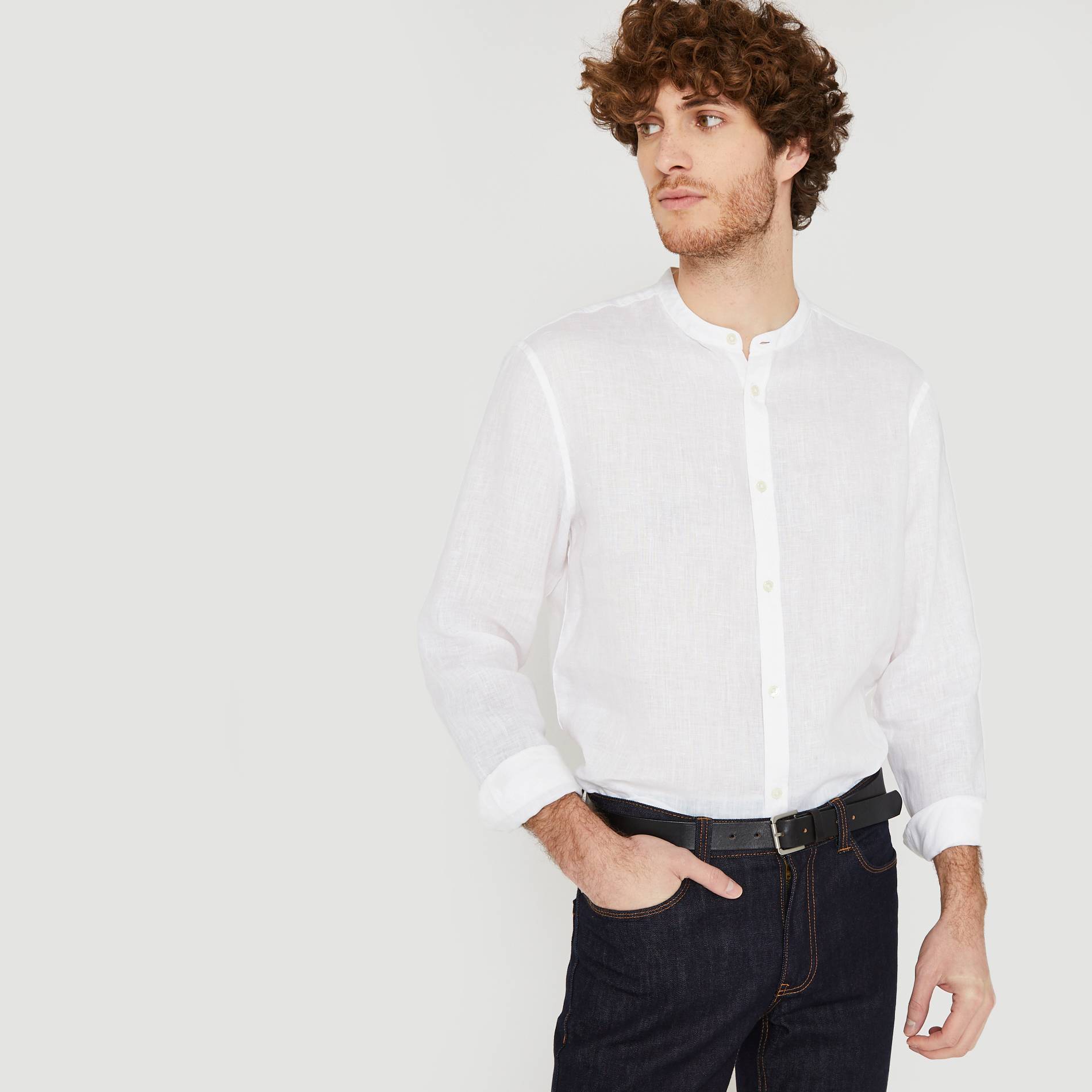 Chemise manches longues en lin col mao coupe regular, Blanc, large image number 0