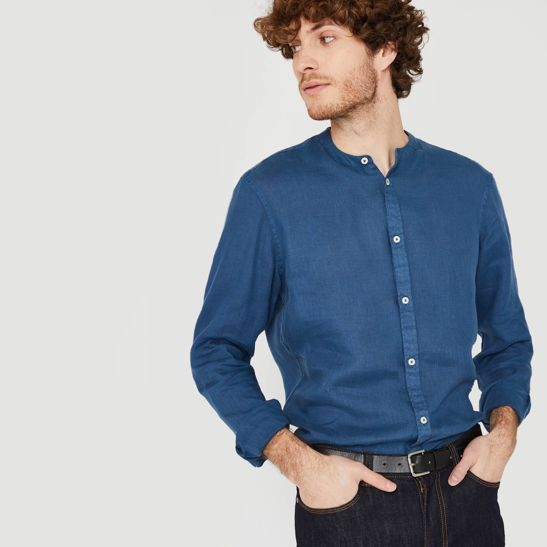 Chemise manches longues en lin col mao coupe regular, Indigo, large image number 0