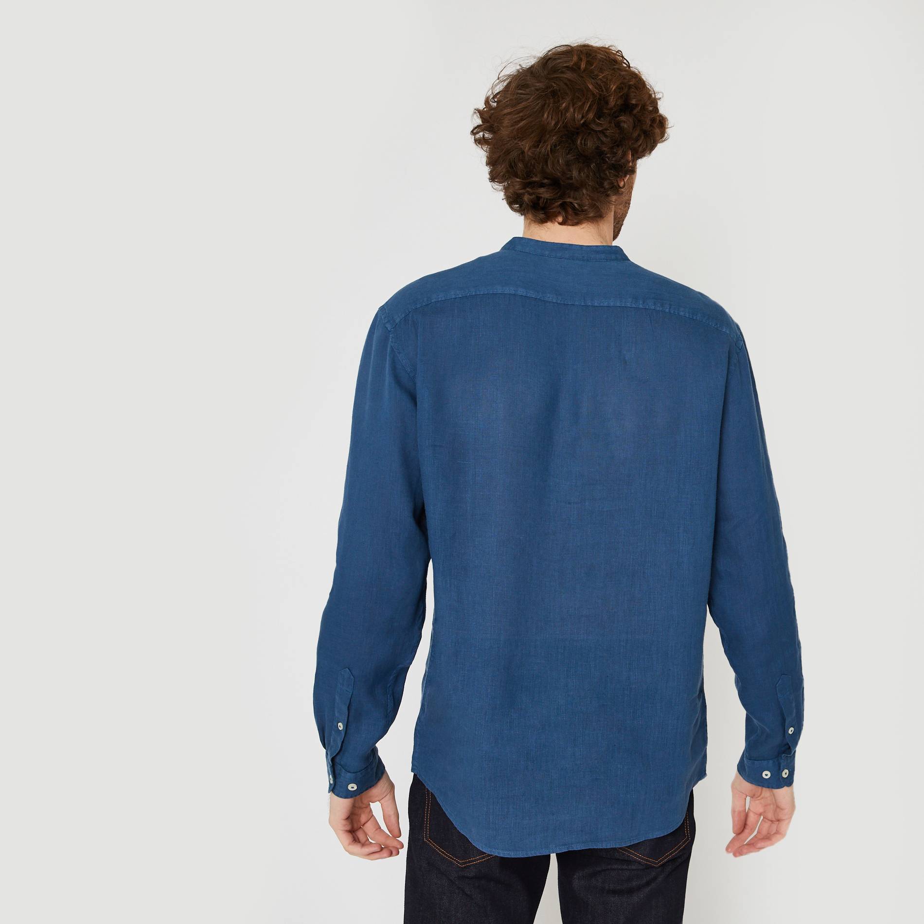 Chemise manches longues en lin col mao coupe regular, Indigo, large image number 1
