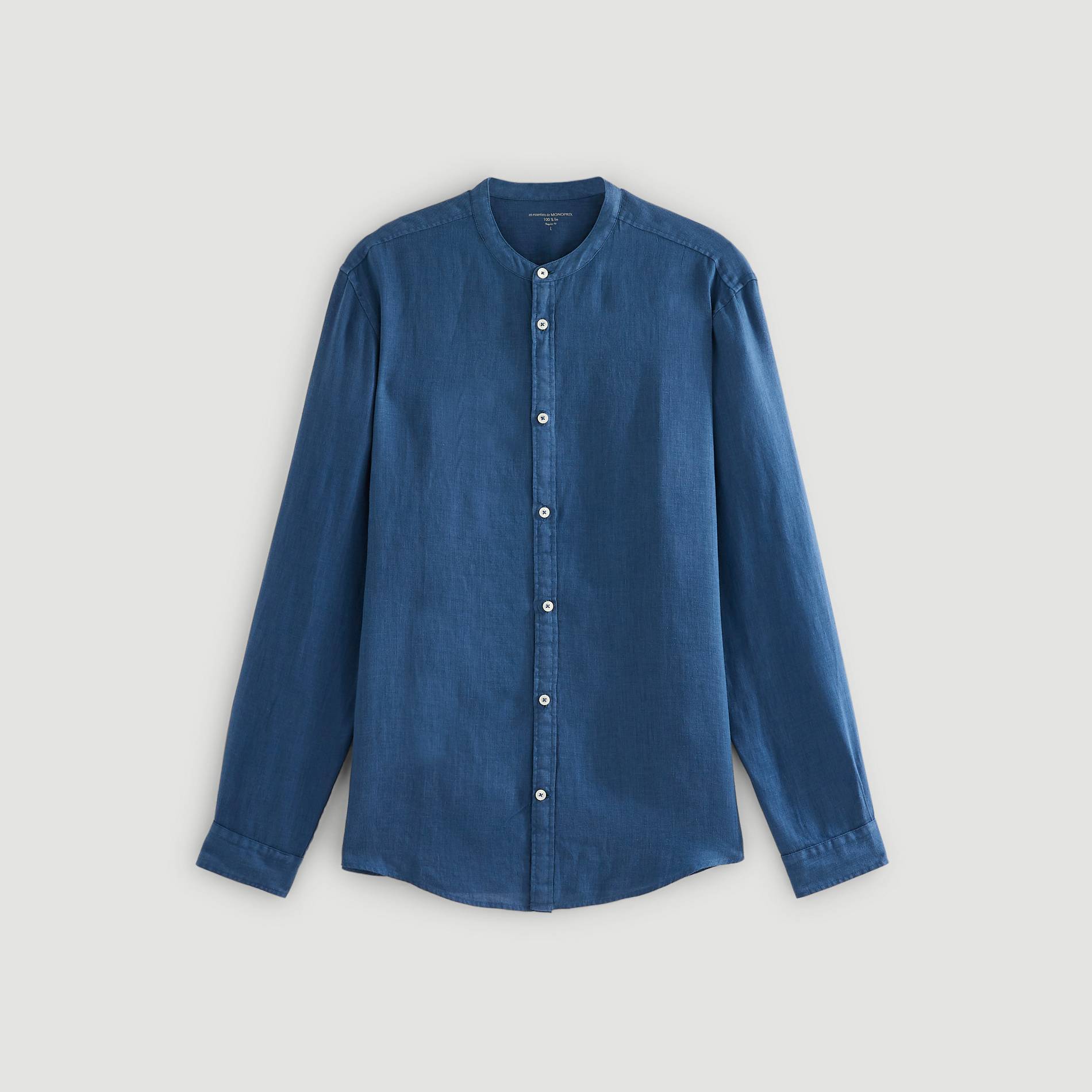 Chemise manches longues en lin col mao coupe regular, Indigo, large image number 2