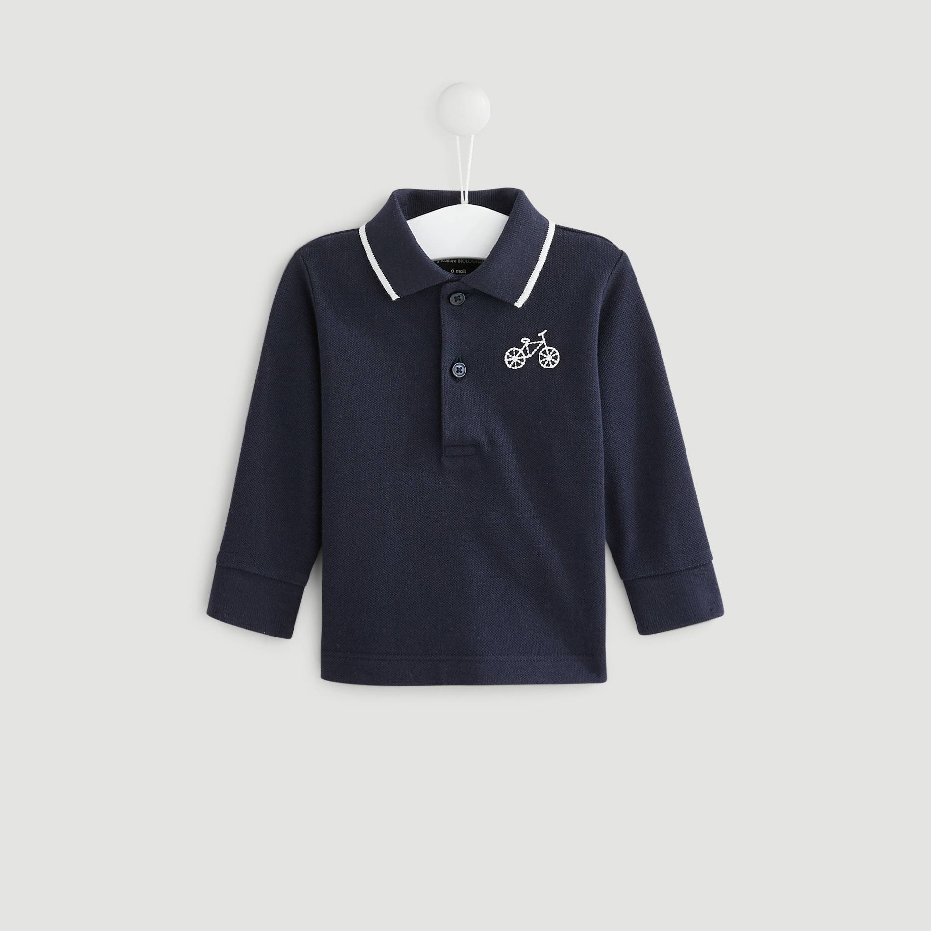 Polo manches longues brodé en coton BIO, Bleu marine, large image number 0.0