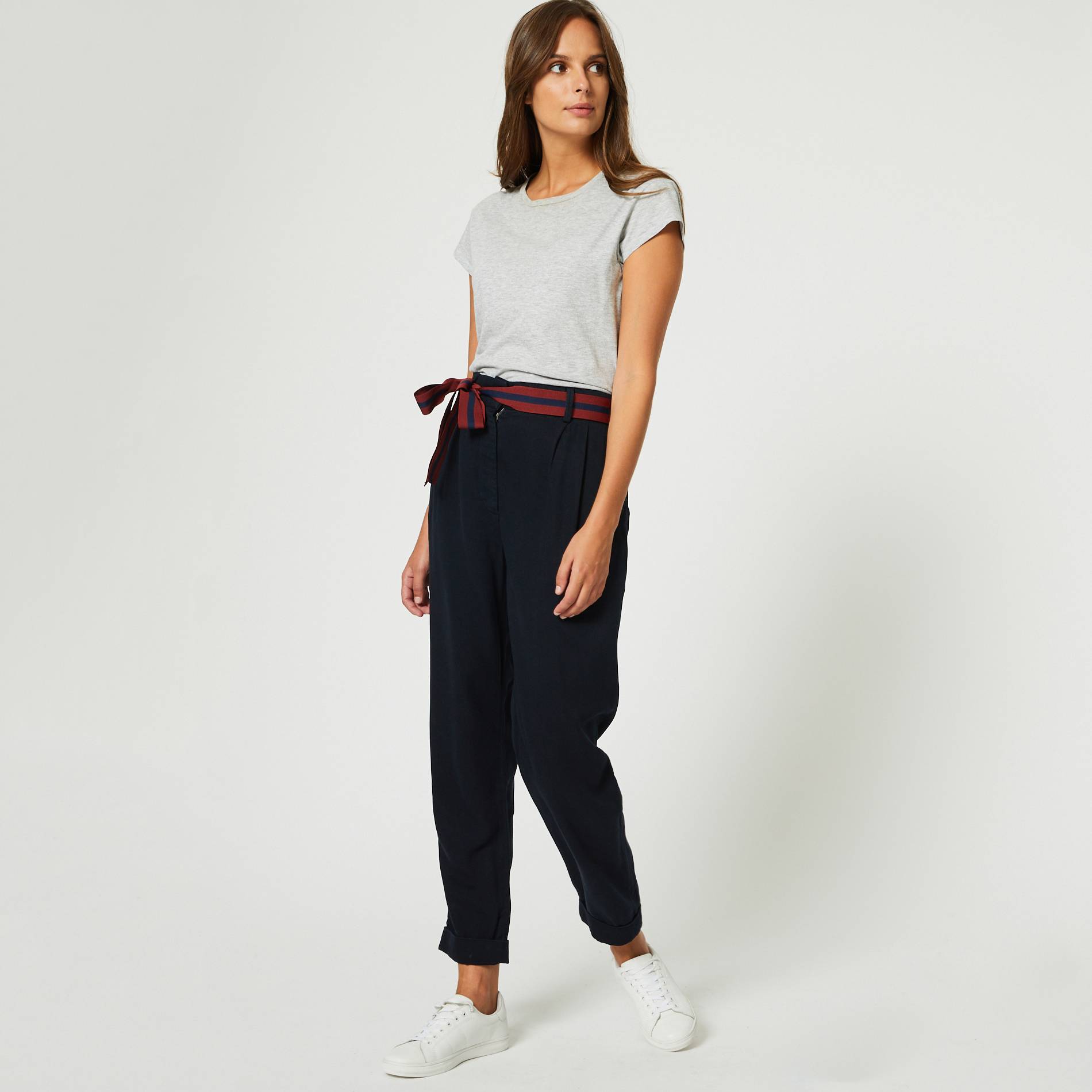 Pantalon tencel taille haute, ceinture rayee, Bleu marine, large image number 0