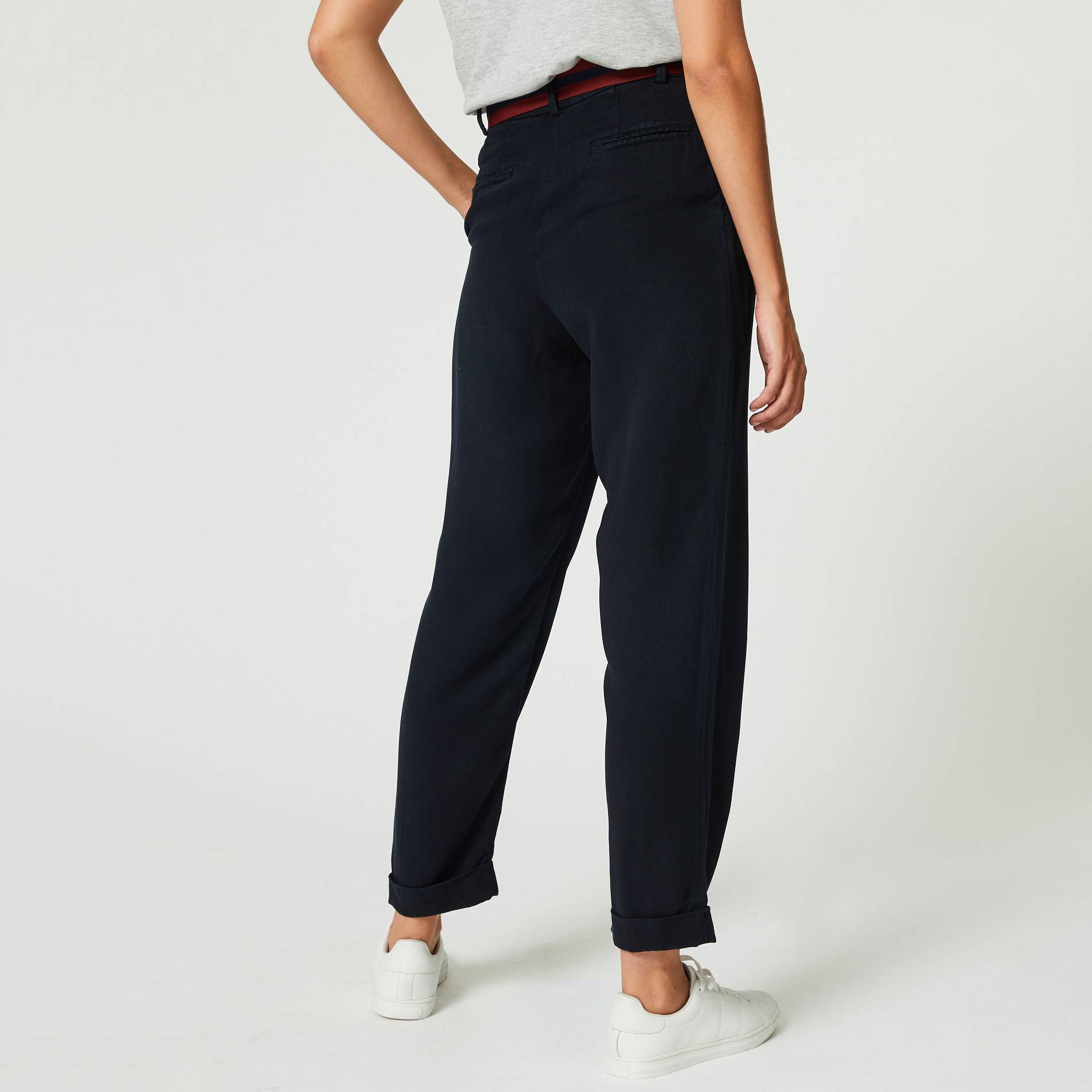 Pantalon tencel taille haute, ceinture rayee, Bleu marine, large image number 1.0