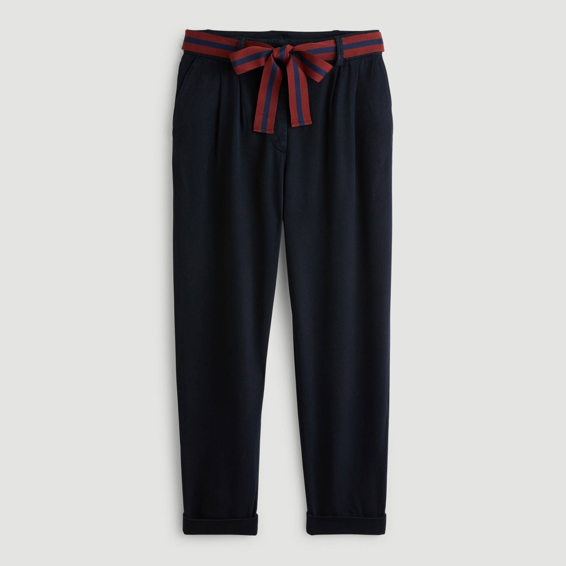Pantalon tencel taille haute, ceinture rayee, Bleu marine, large image number 2.0
