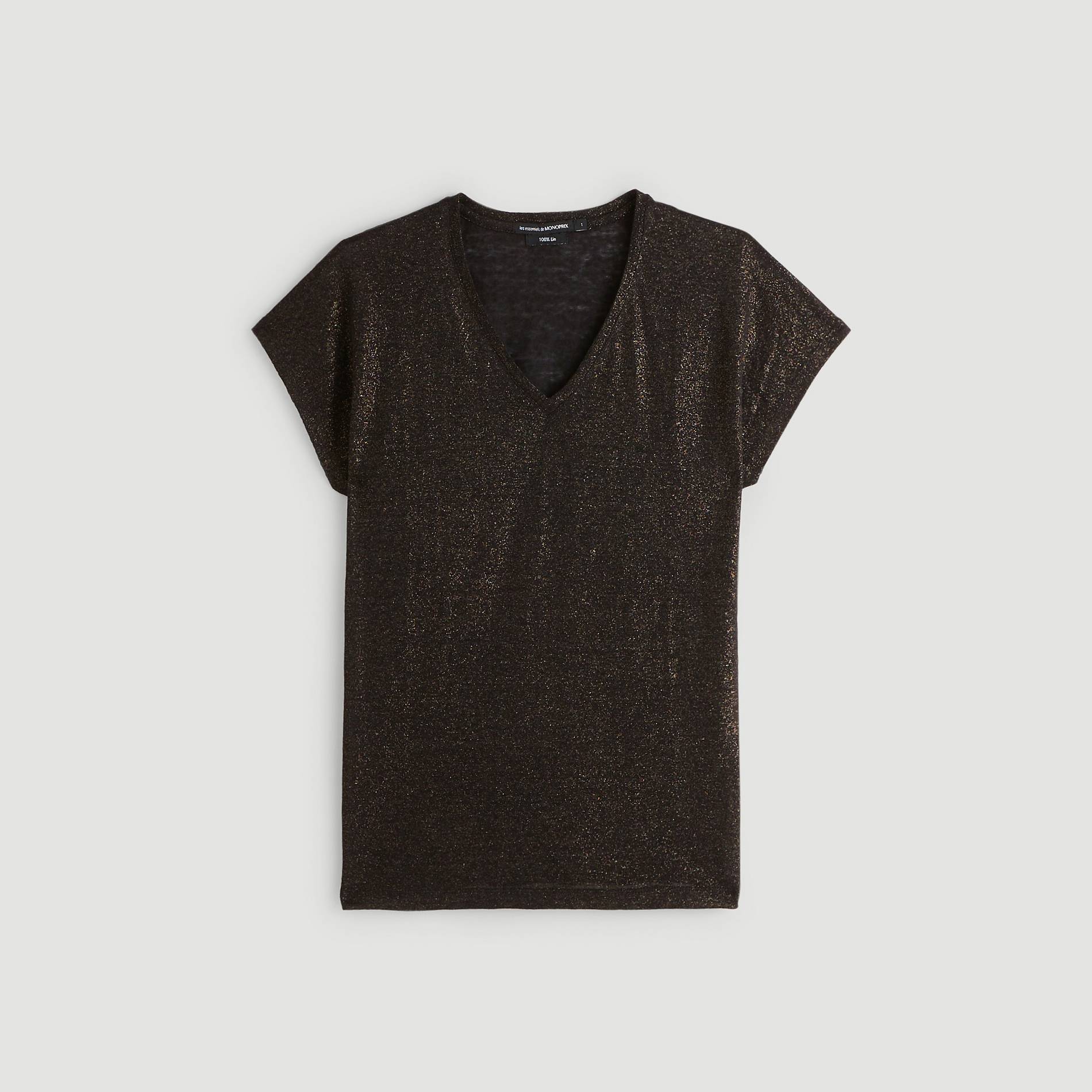 T-shirt col V en lin, Noir, large image number 2.0