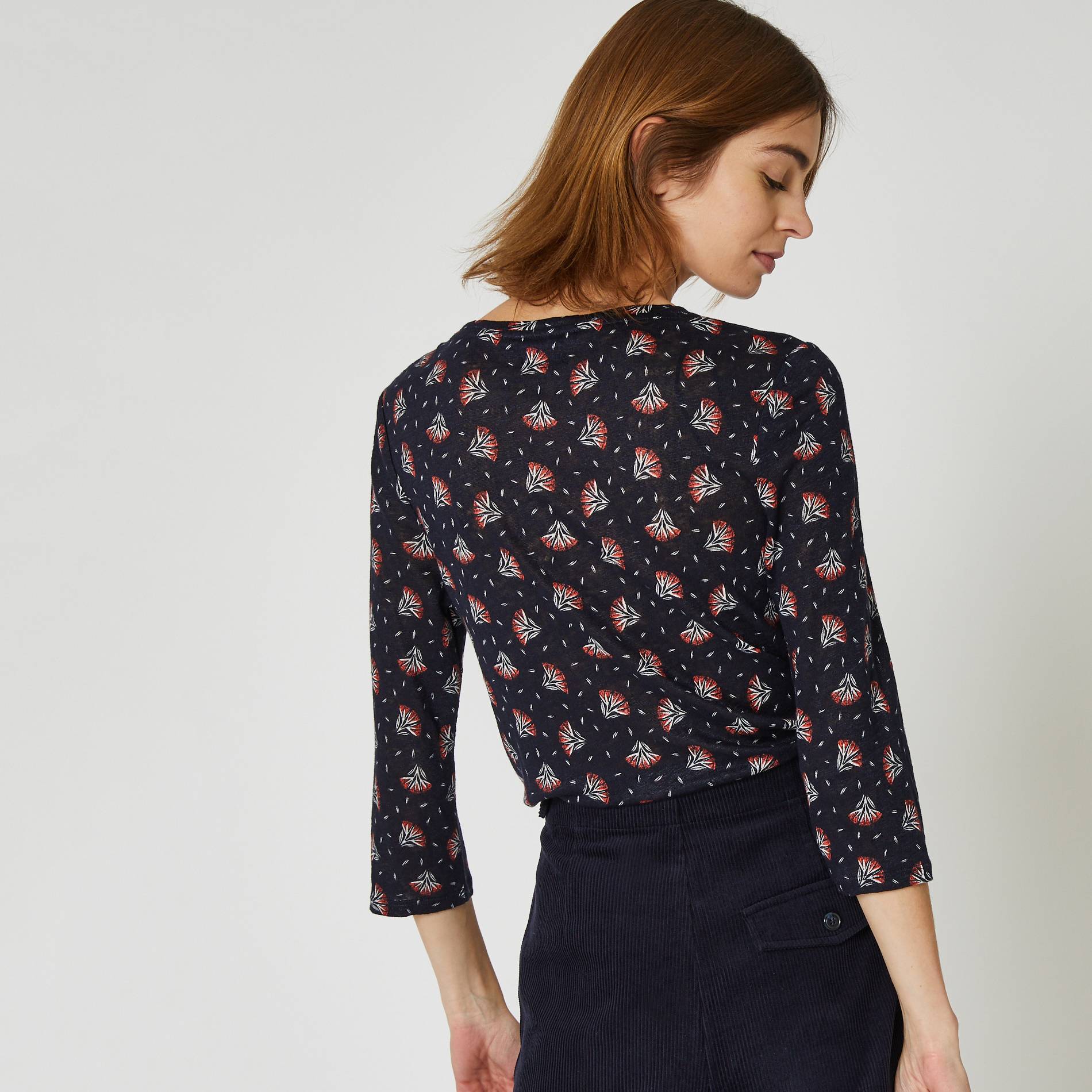 T-shirt en lin imprimé fleurs, Bleu marine, large image number 1