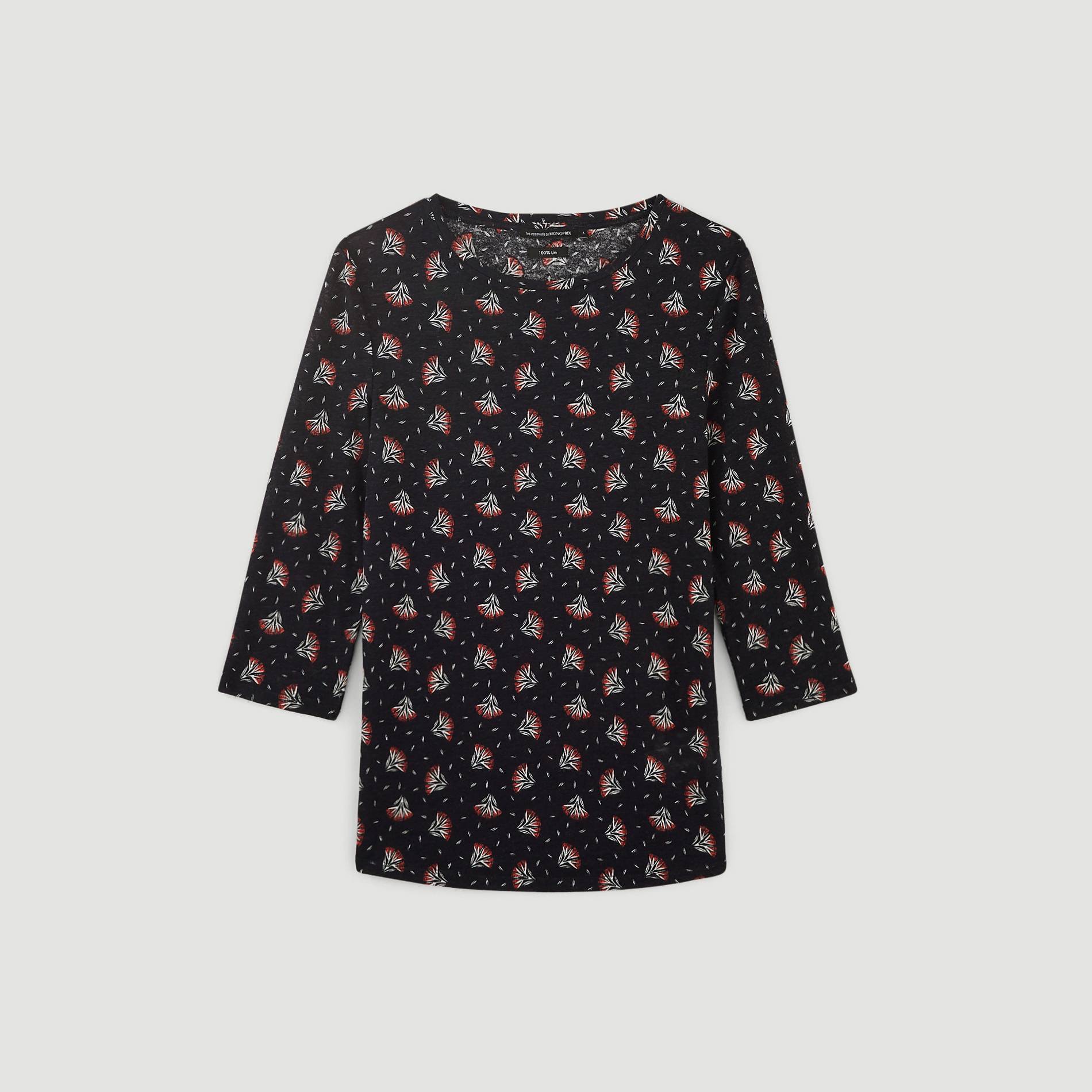 T-shirt en lin imprimé fleurs, Bleu marine, large image number 2.0