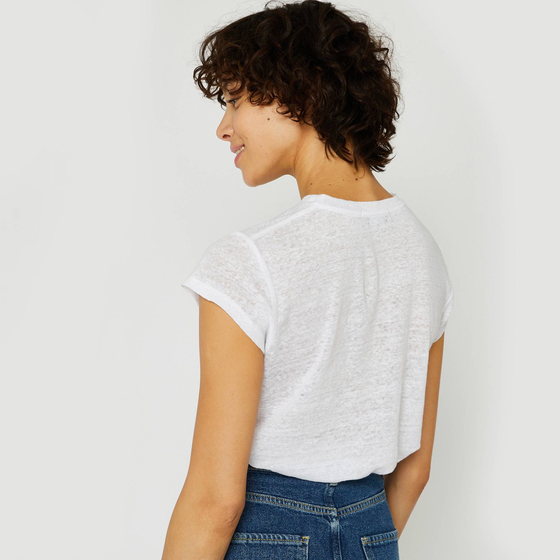 T-shirt uni col rond en lin, Blanc, large image number 1.0
