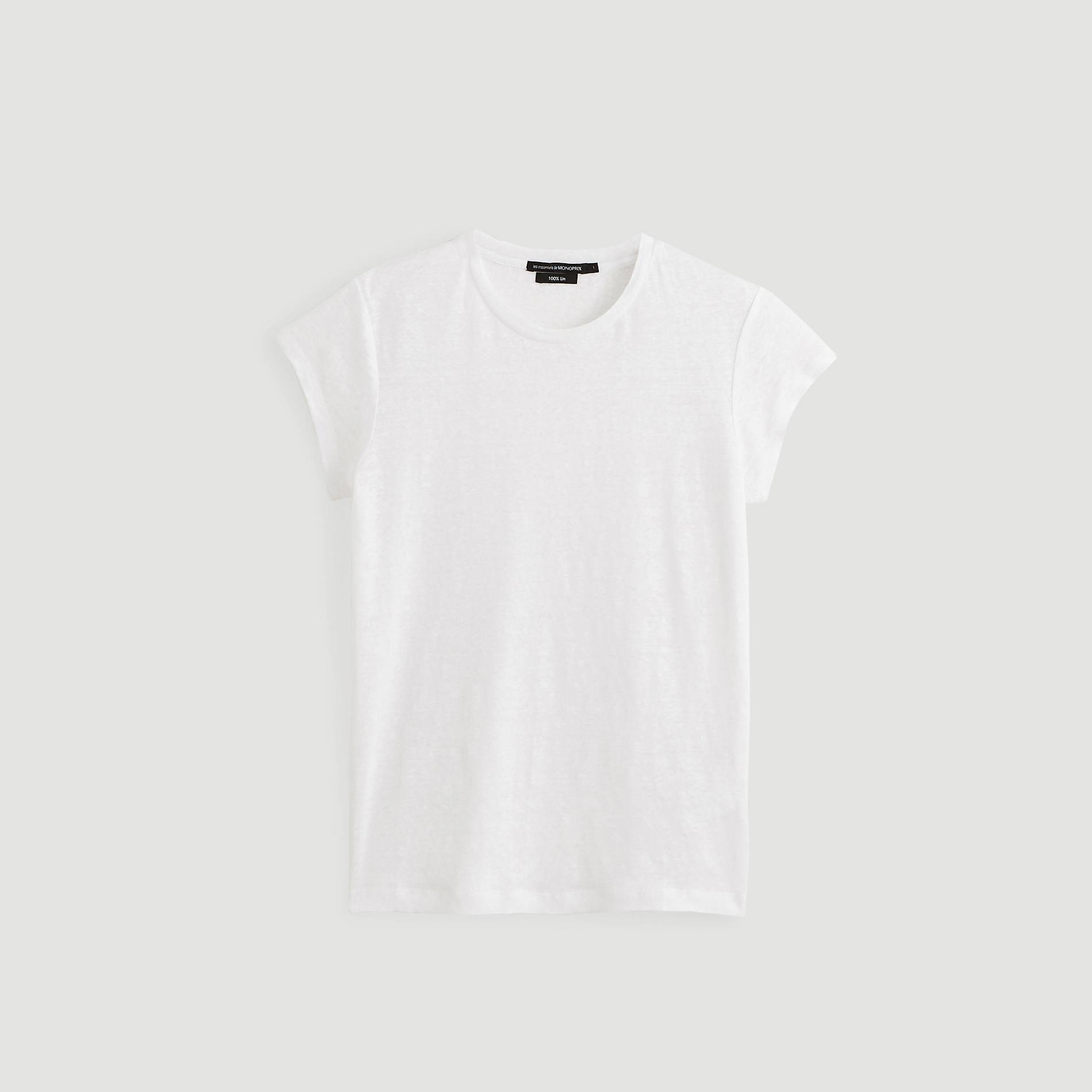T-shirt uni col rond en lin, Blanc, large image number 2.0