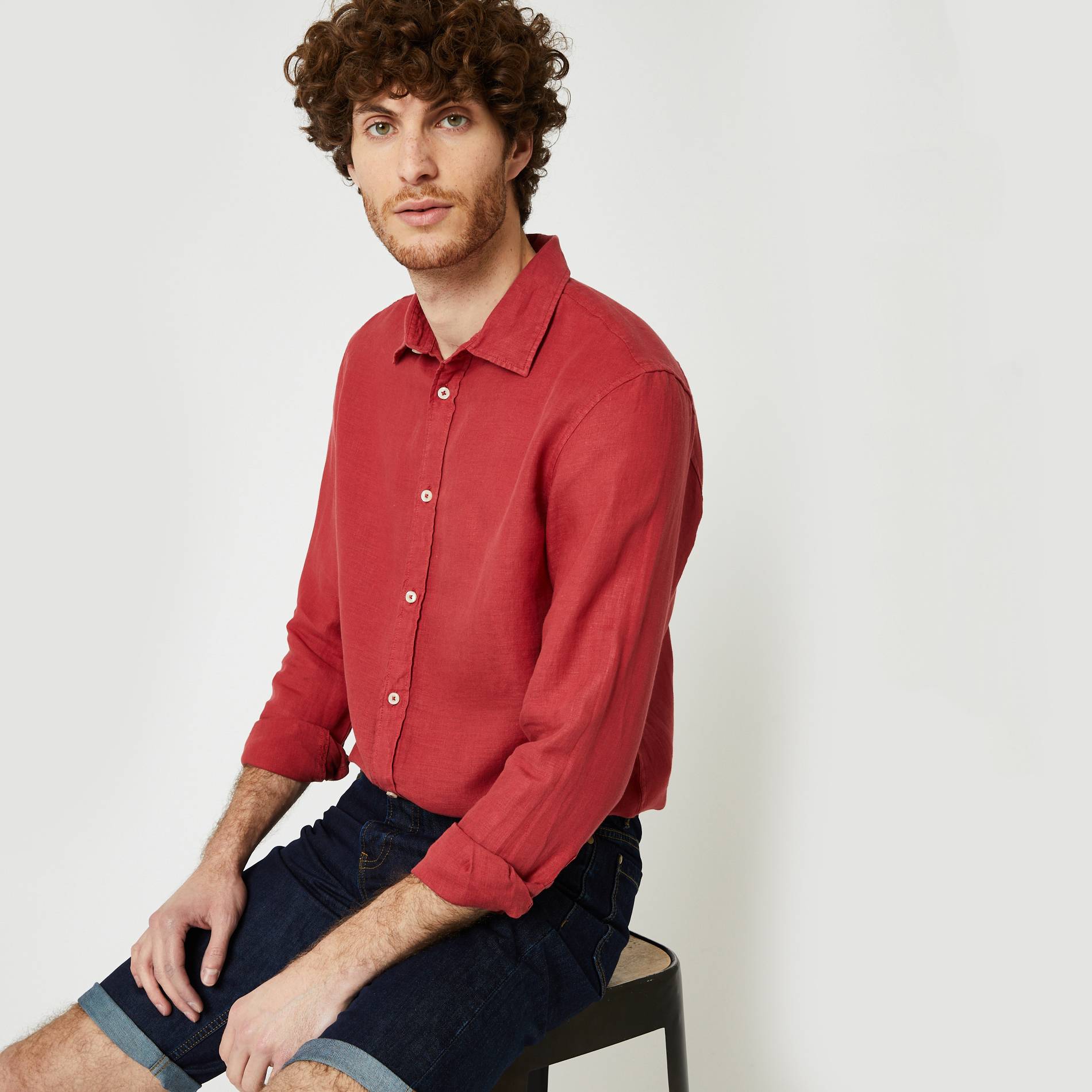 Chemise manches longues en lin coupe slim, Cerise, large image number 0