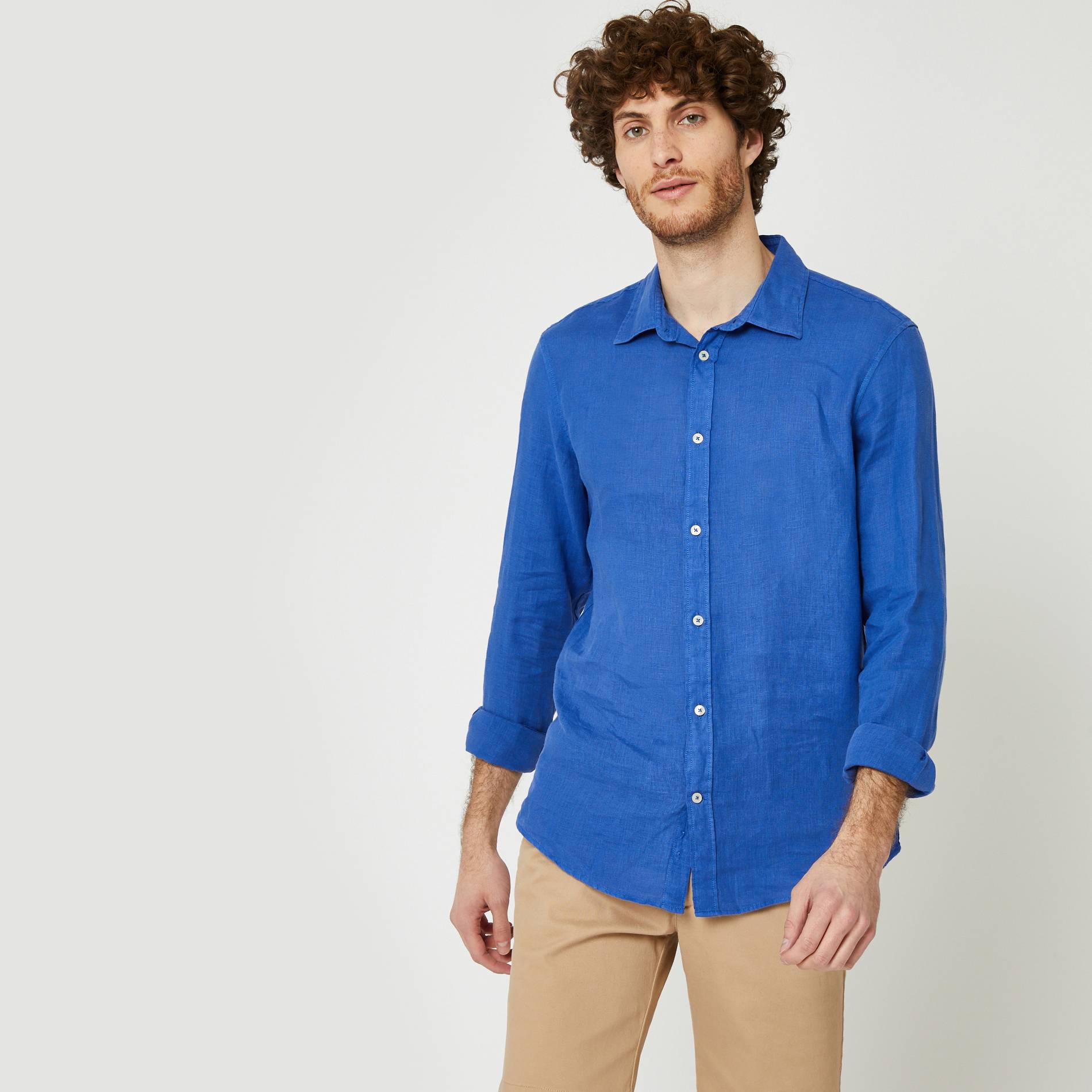 Chemise manches longues en lin coupe slim, Cobalt, large image number 0