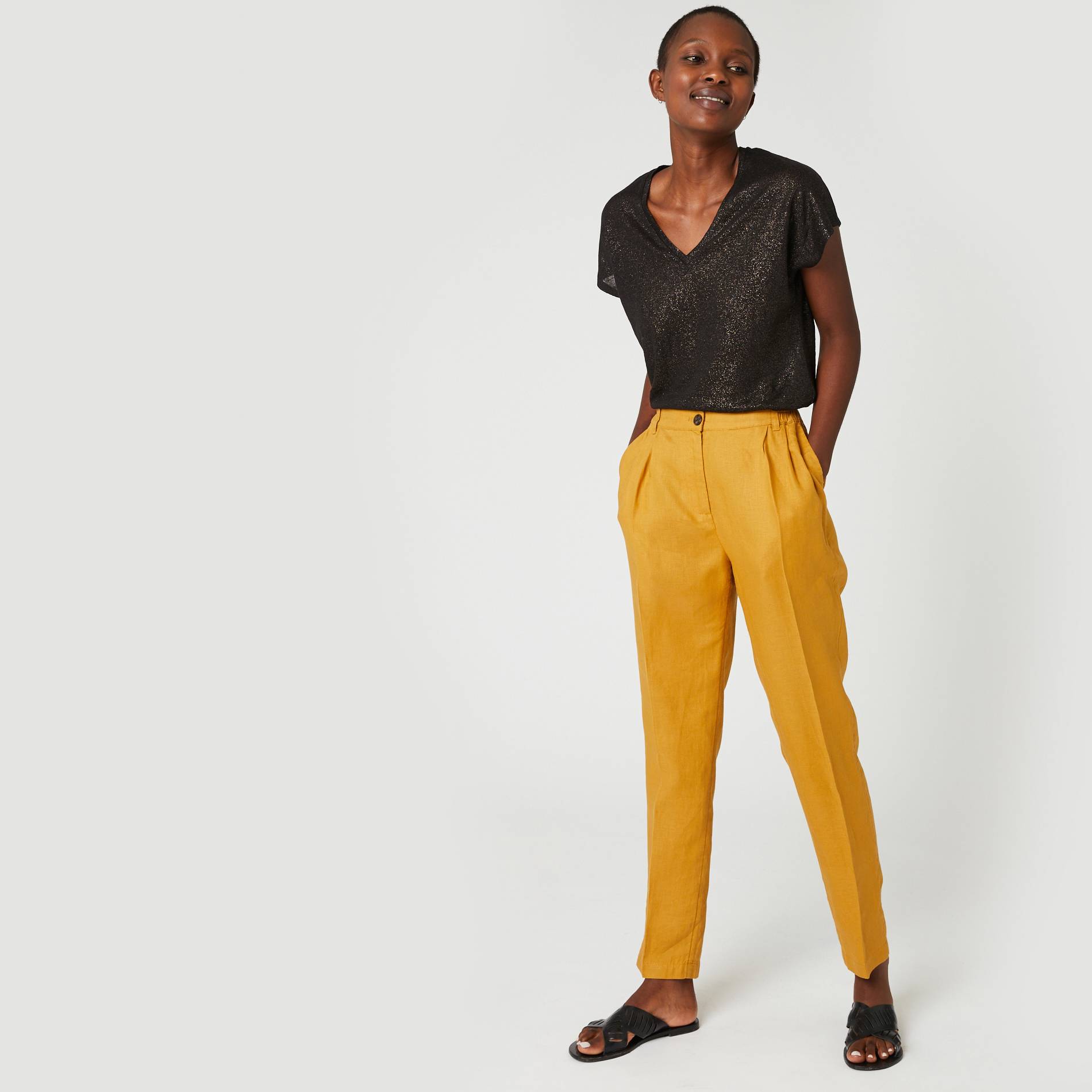 Pantalon carotte en lin, Moutarde, large image number 0