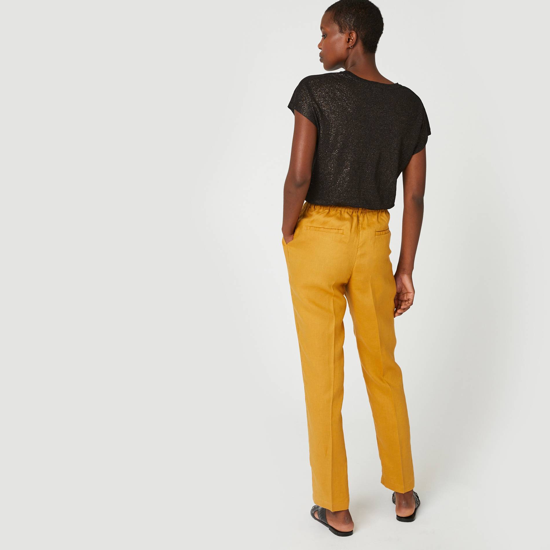 Pantalon carotte en lin, Moutarde, large image number 1