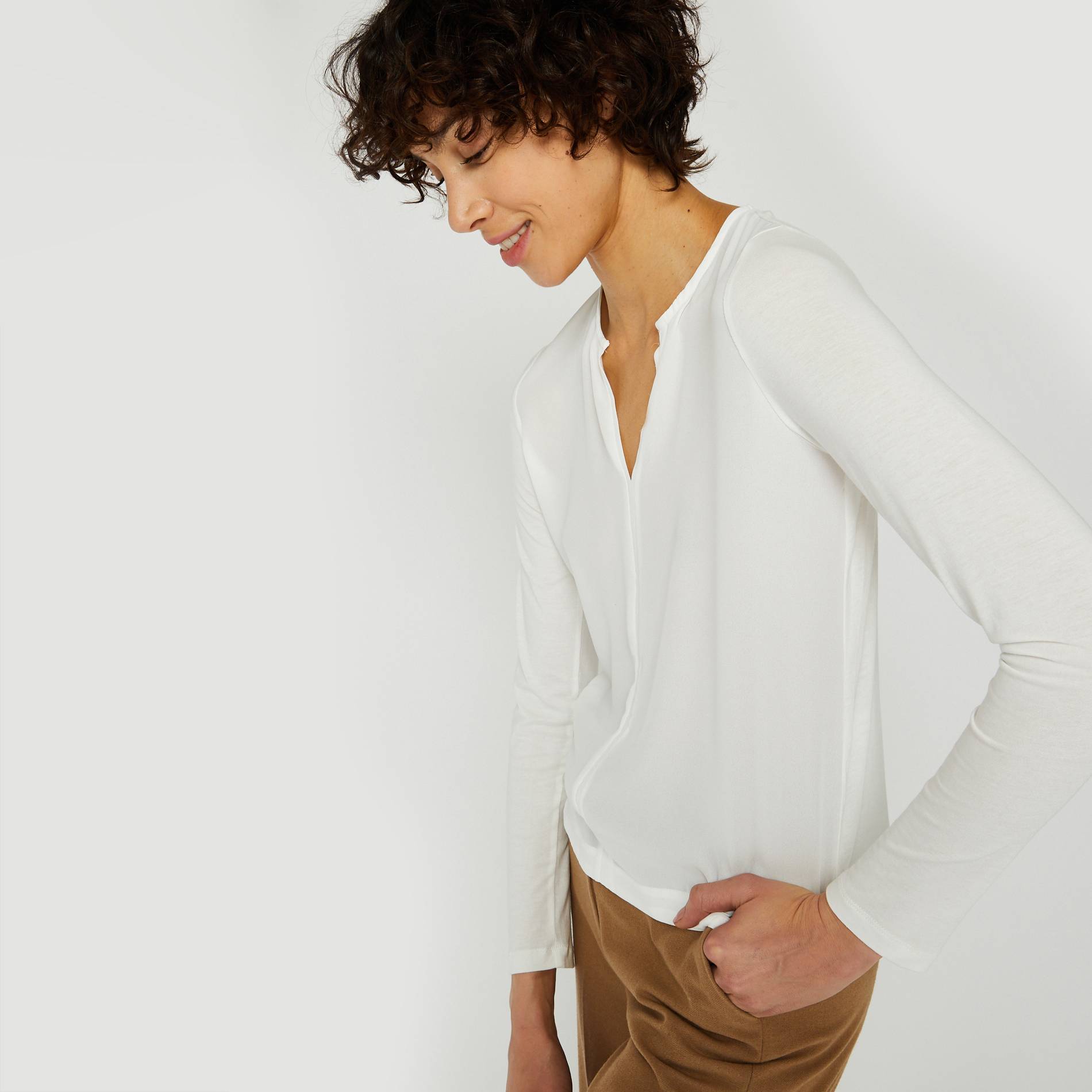 T-shirt bi-matières, Ecru, large image number 0.0