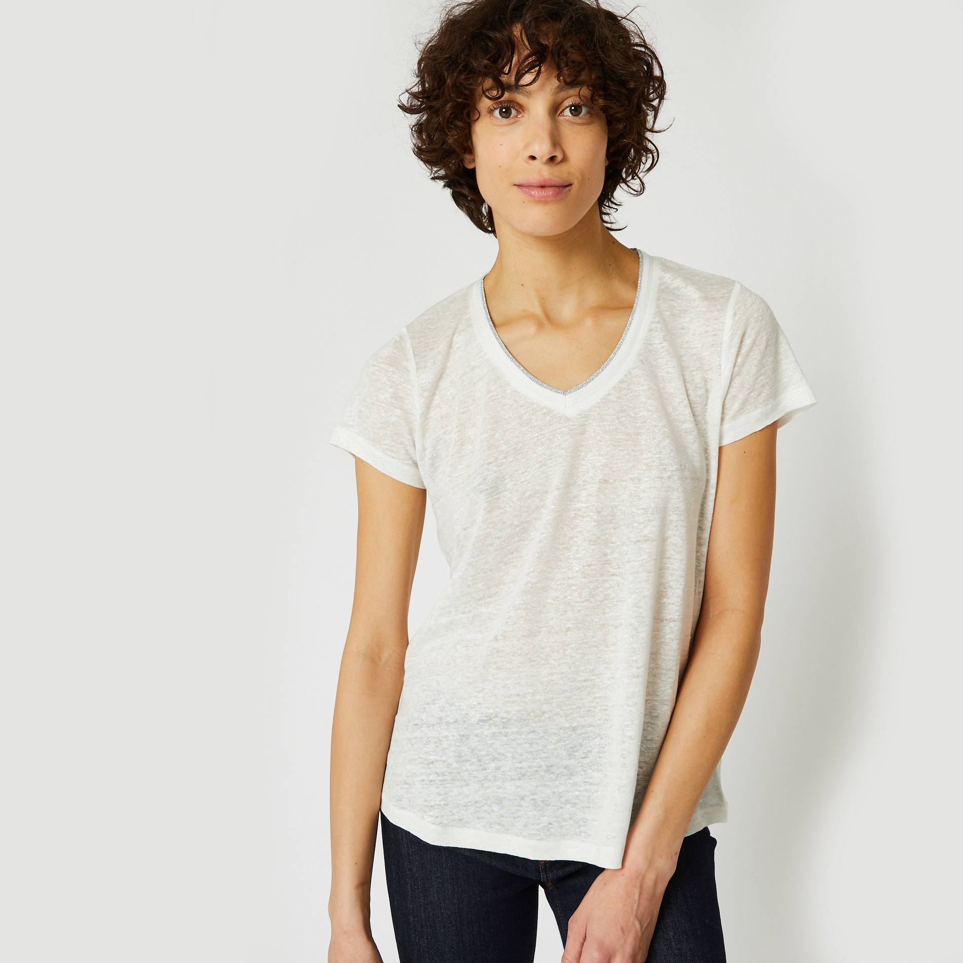 T-shirt col V, Blanc, large image number 0