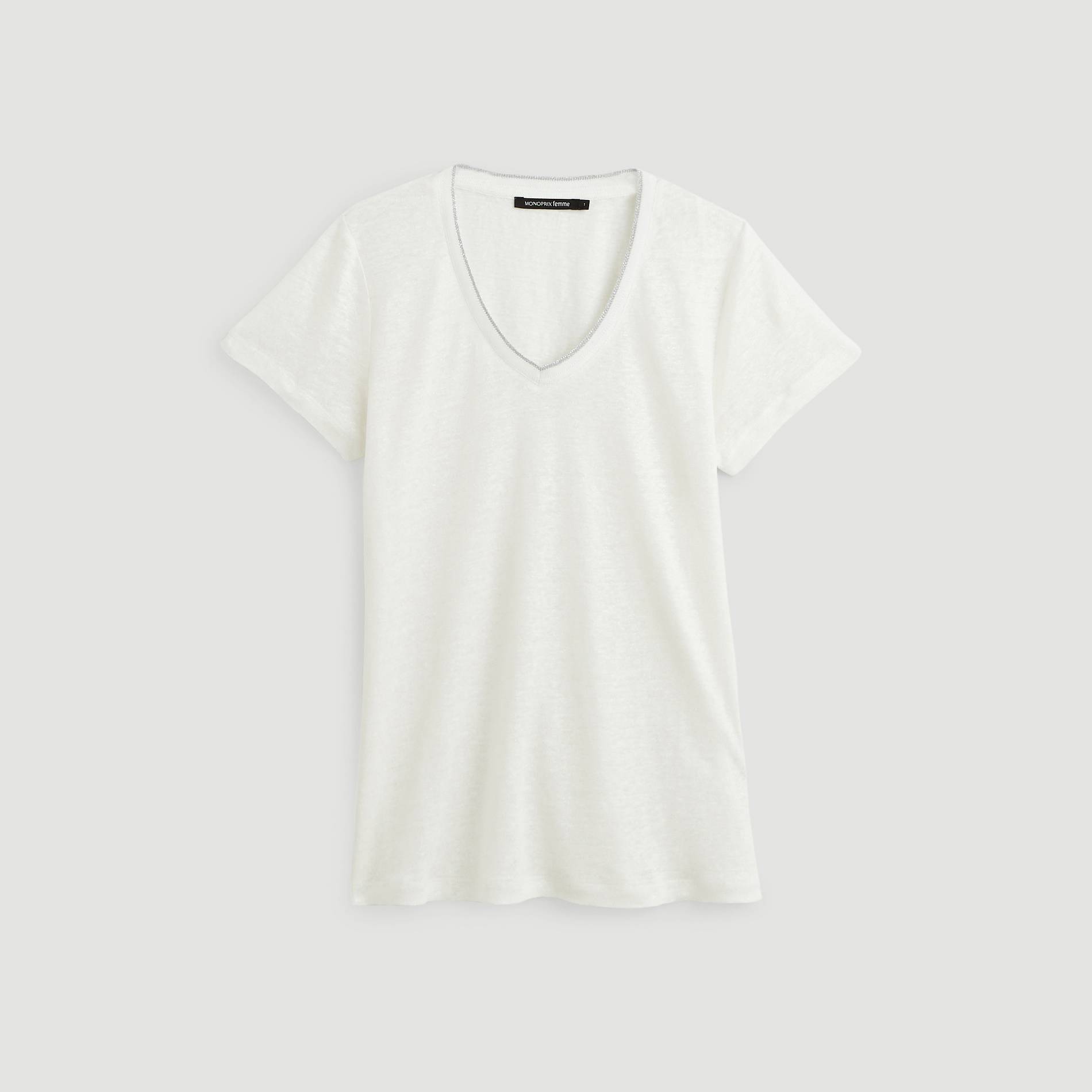 T-shirt col V, Blanc, large image number 2