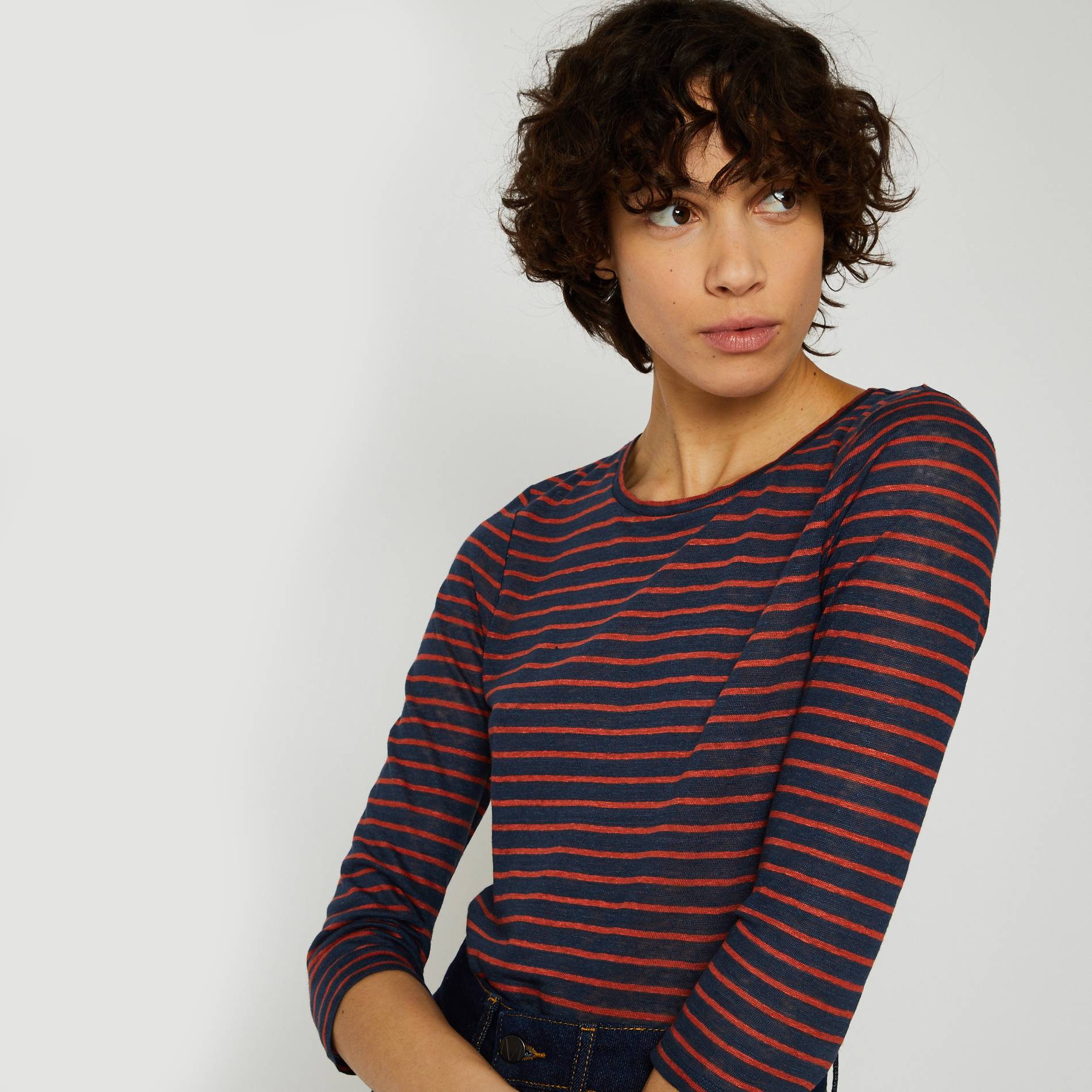 T-shirt rayé en lin, Indigo, large image number 0
