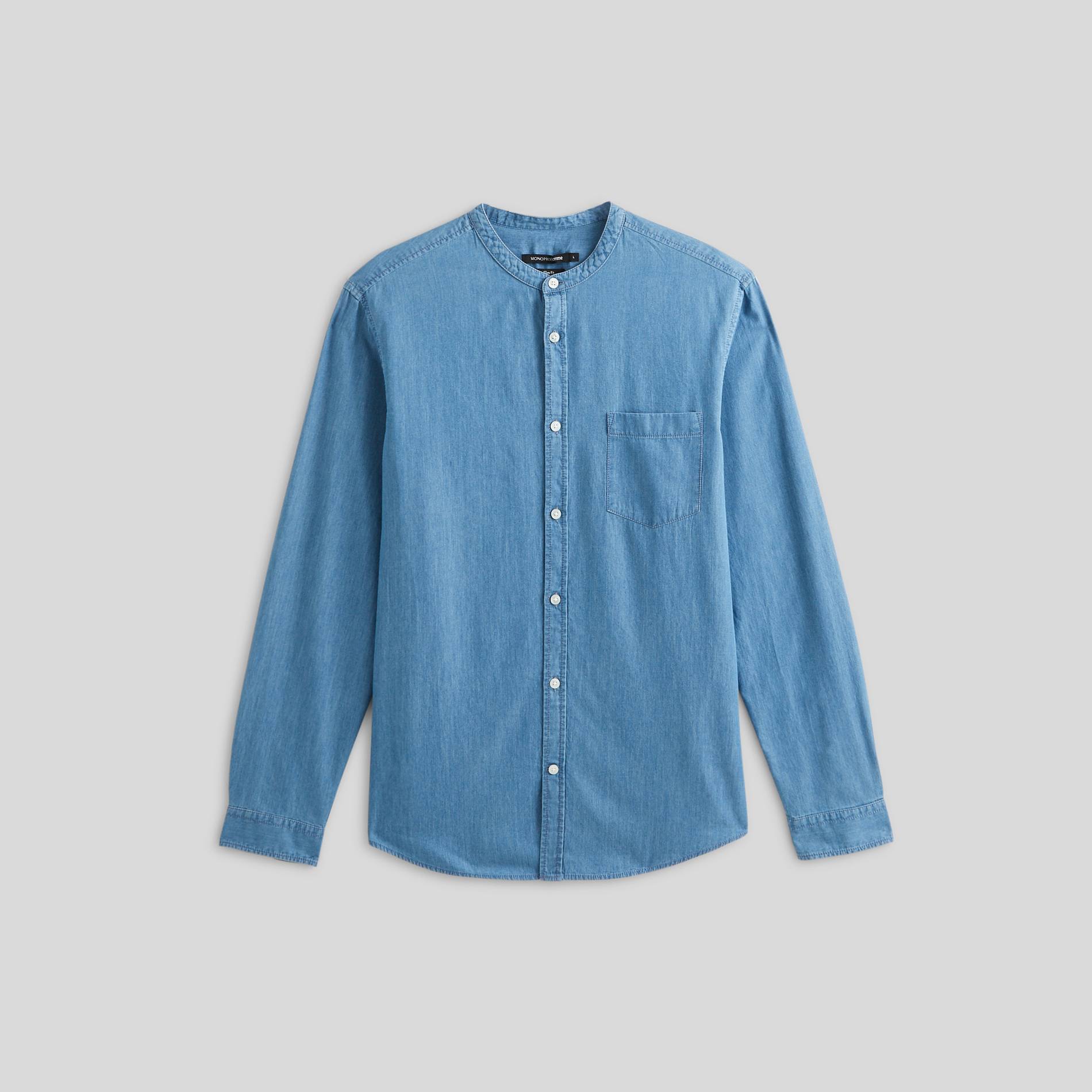 Chemise col mao coupe slim, Bleu, large image number 0.0