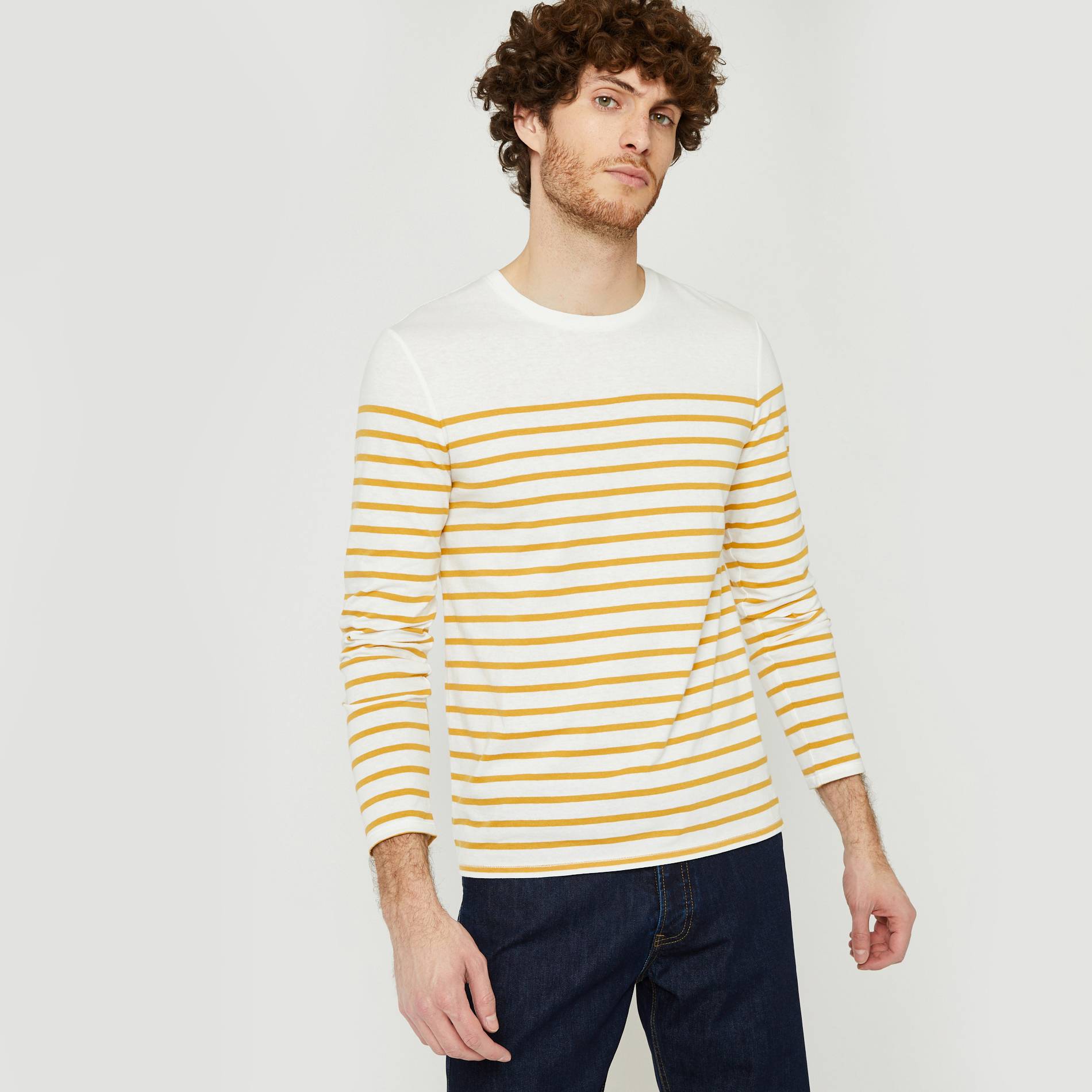 T-shirt col rond manches longues marinière en coton BIO GOTS, Ecru, swatch image