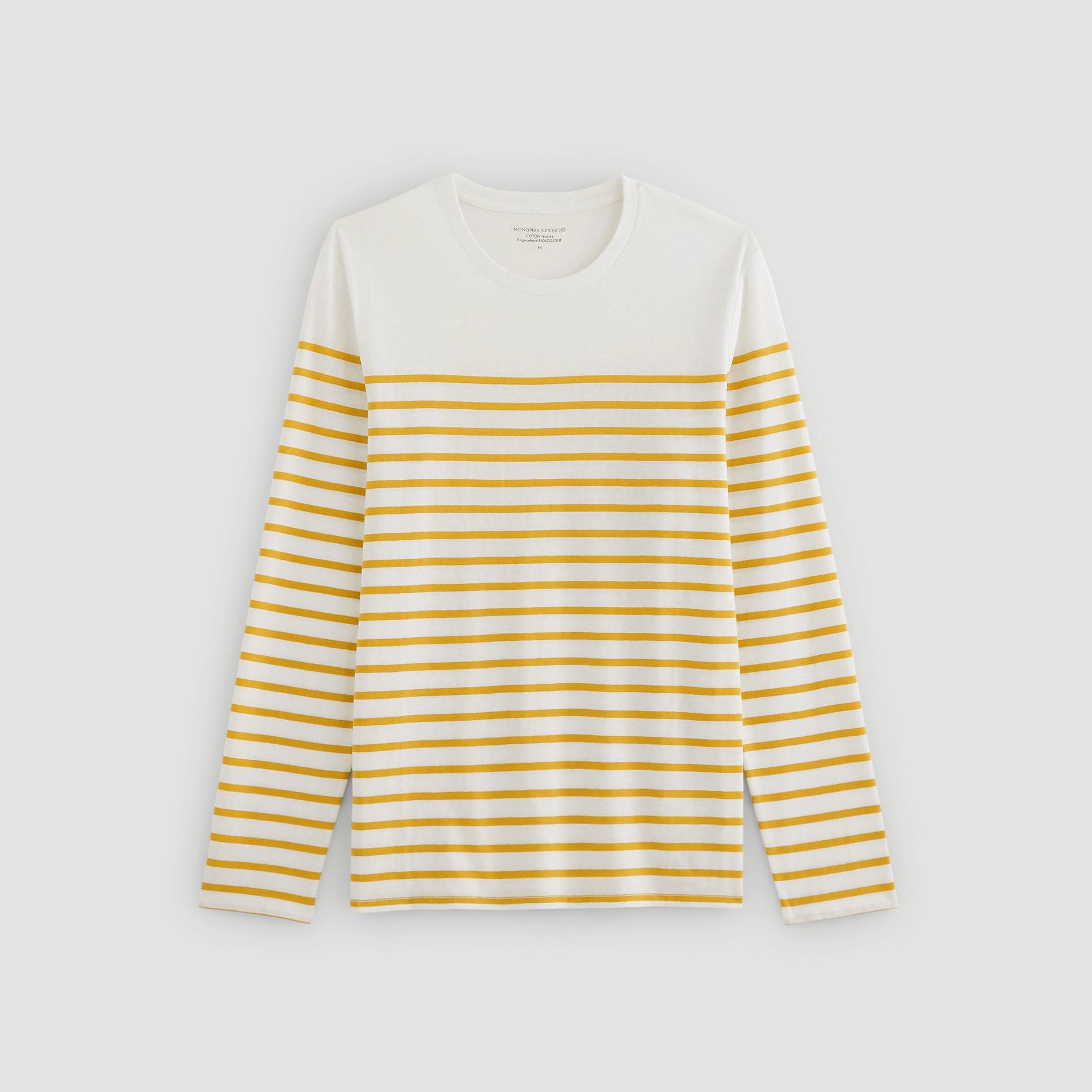 T-shirt col rond manches longues marinière en coton BIO GOTS, Ecru, large image number 2.0