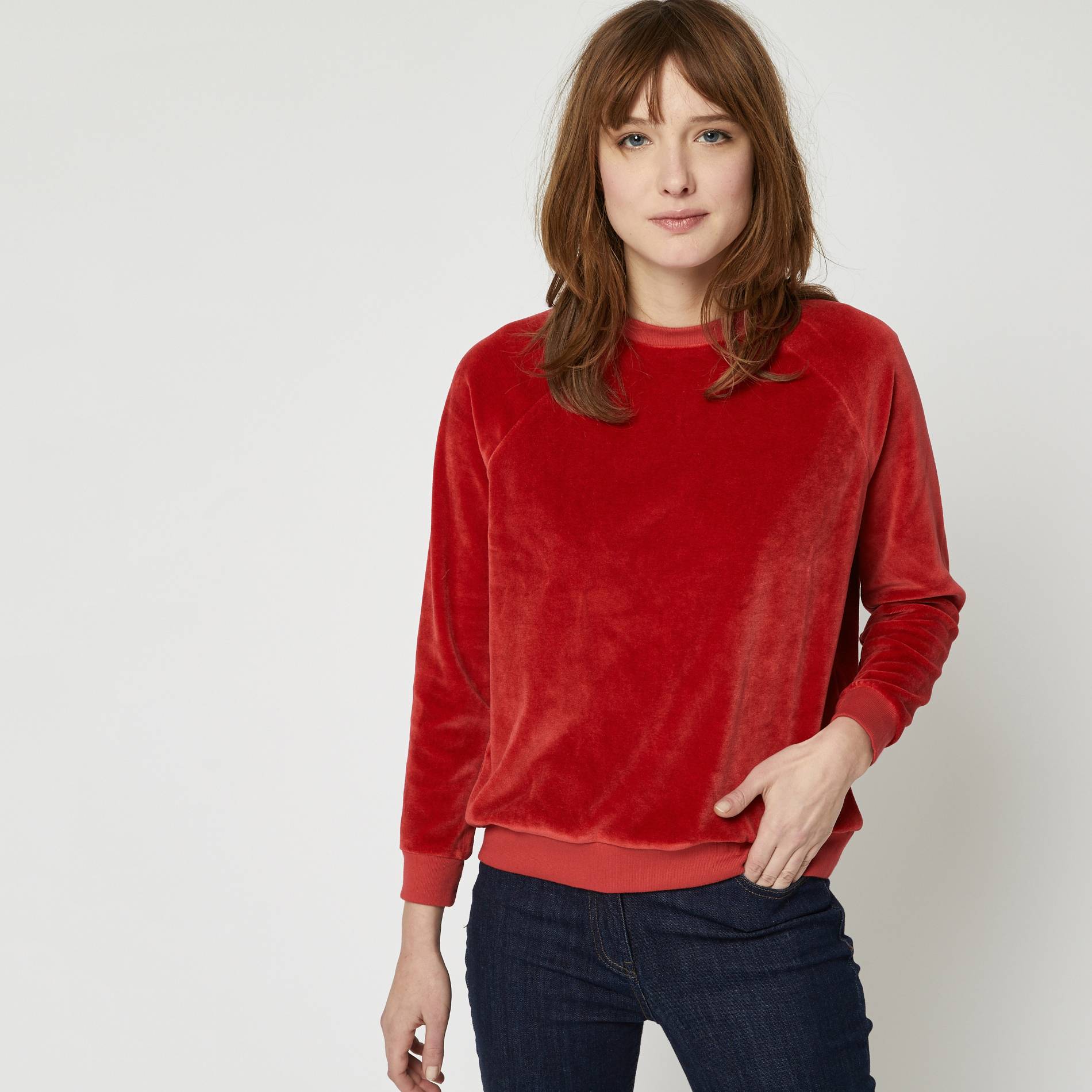 Sweatshirt uni en velours, Rouge, large image number 0.0